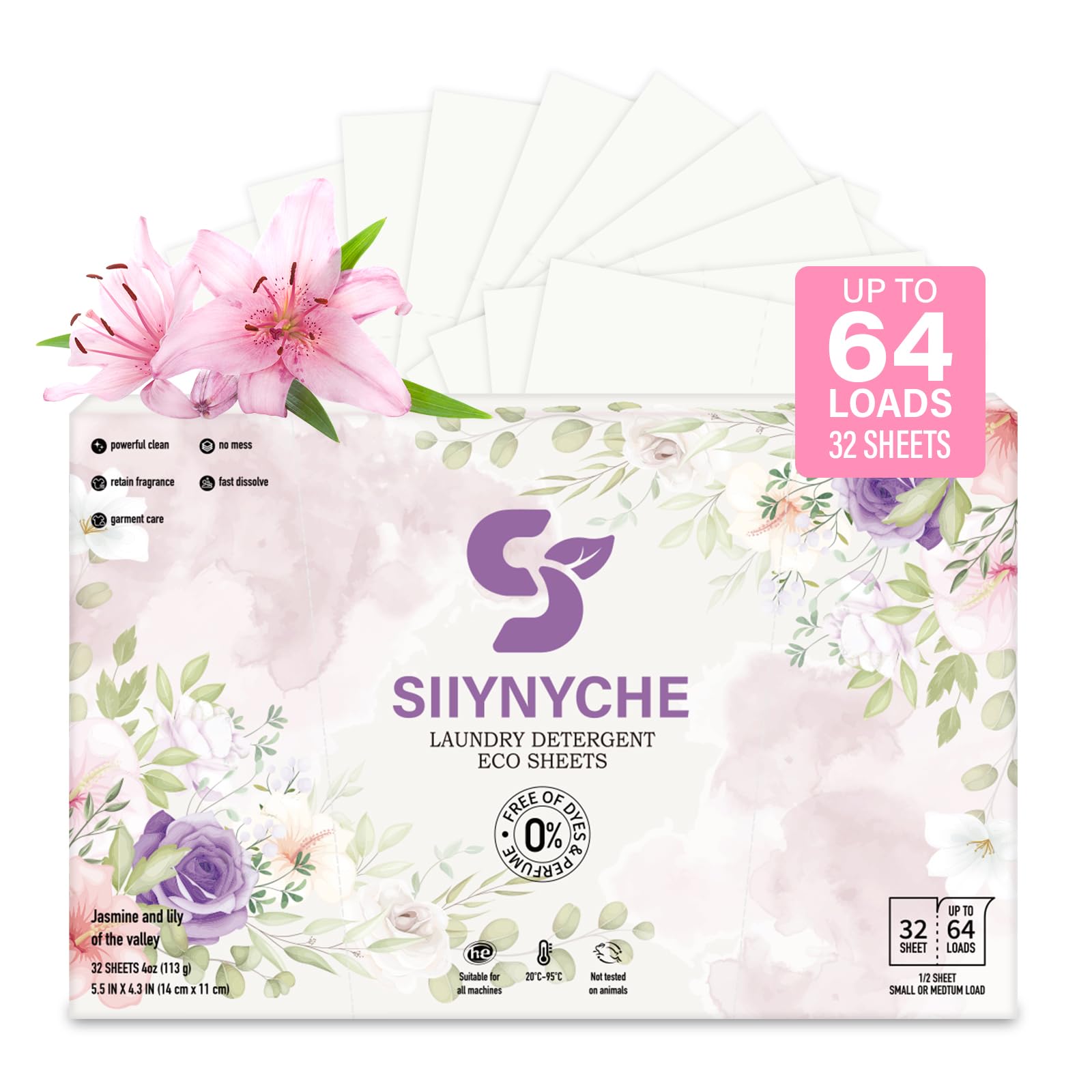 YUCO Laundry Detergent Sheets Jasmine and Lily Scent-64 Loads Travel Laundry Sheets Detergent Hypoallergenic Removes Stains & Odors