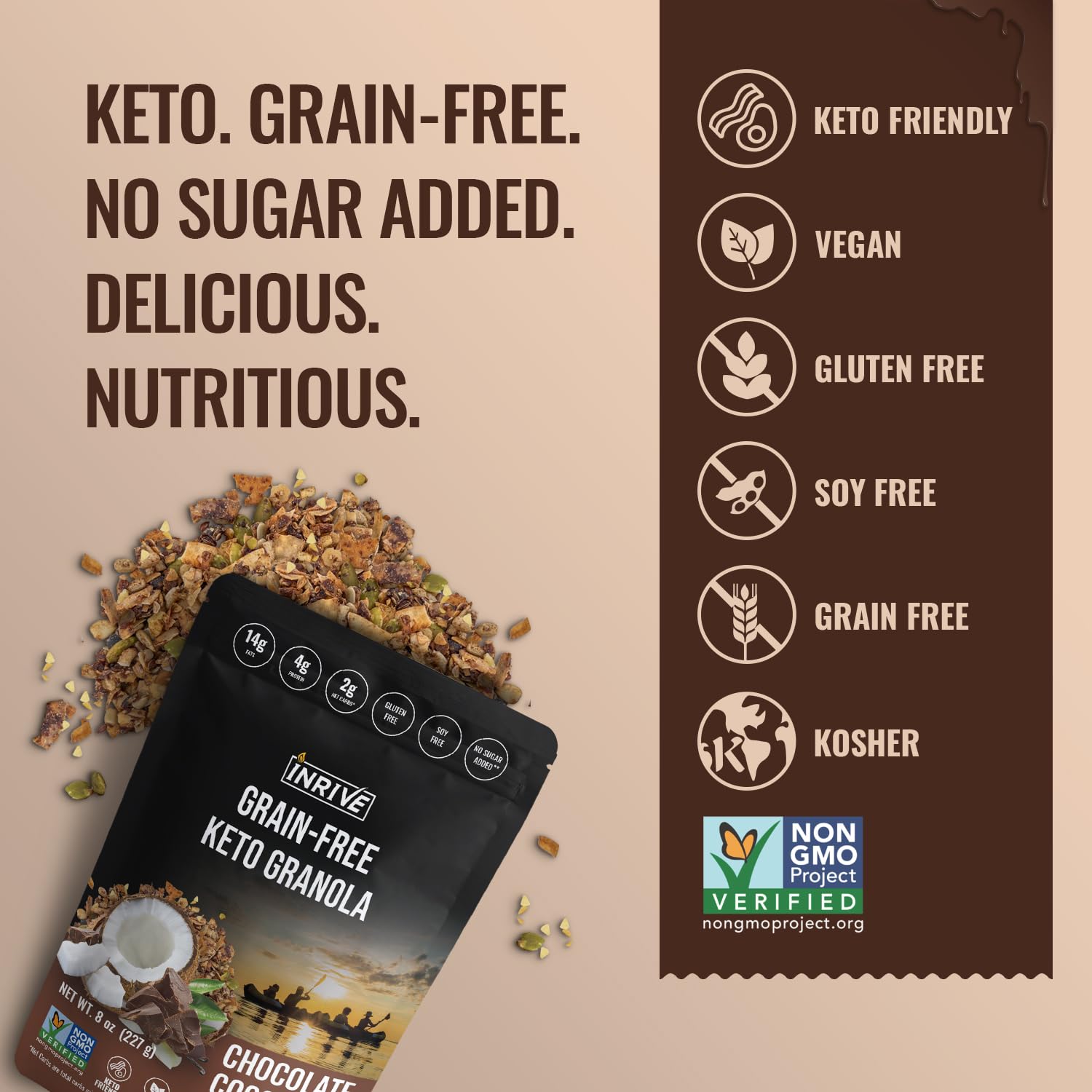 Inrive Keto Grain Free, Gluten Free Granola (Chocolate Coconut), Non GMO, No Sugar Added, Soy Free, Vegan, Kosher, 1 Pack