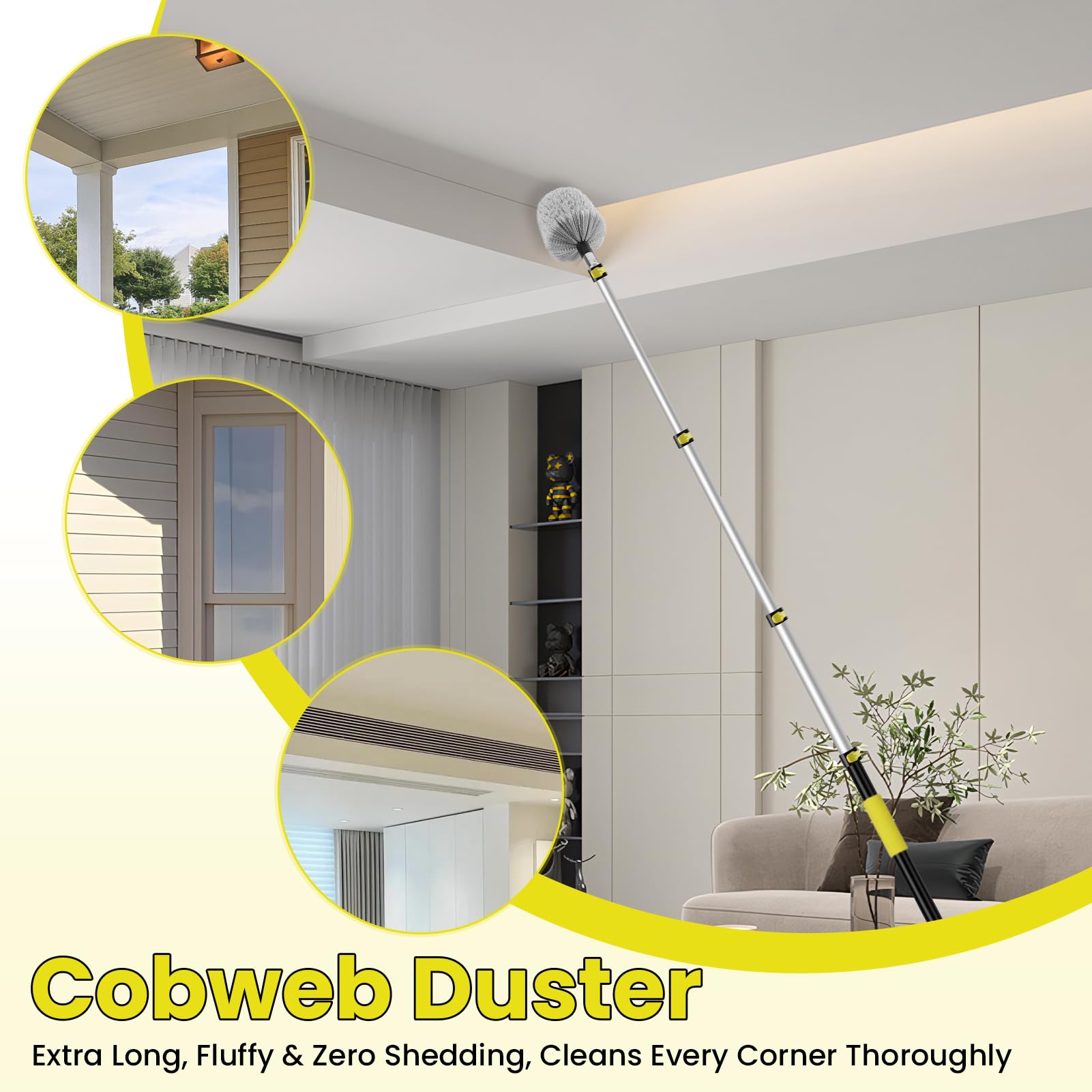 20FT High Ceiling Duster Kits with 3-12 Ft Extension Pole, Fan Blade Cleaner, Cobweb Duster, Window Squeegee Kit, Spider Web Brush for High Window