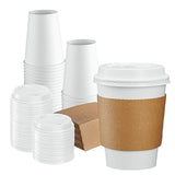 GUSTO [50 Sets - 12 oz. Disposable White Coffee Cups with White Lids, Sleeves - To Go Paper Hot Cups (Formerly Comfy Package)