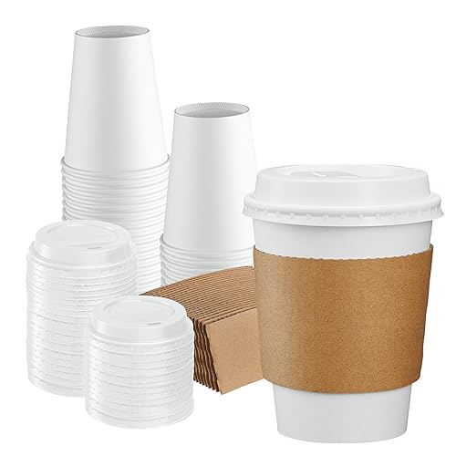 GUSTO [50 Sets - 12 oz. Disposable White Coffee Cups with White Lids, Sleeves - To Go Paper Hot Cups (Formerly Comfy Package)
