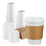 GUSTO [50 Sets - 12 oz. Disposable White Coffee Cups with White Lids, Sleeves - To Go Paper Hot Cups (Formerly Comfy Package)