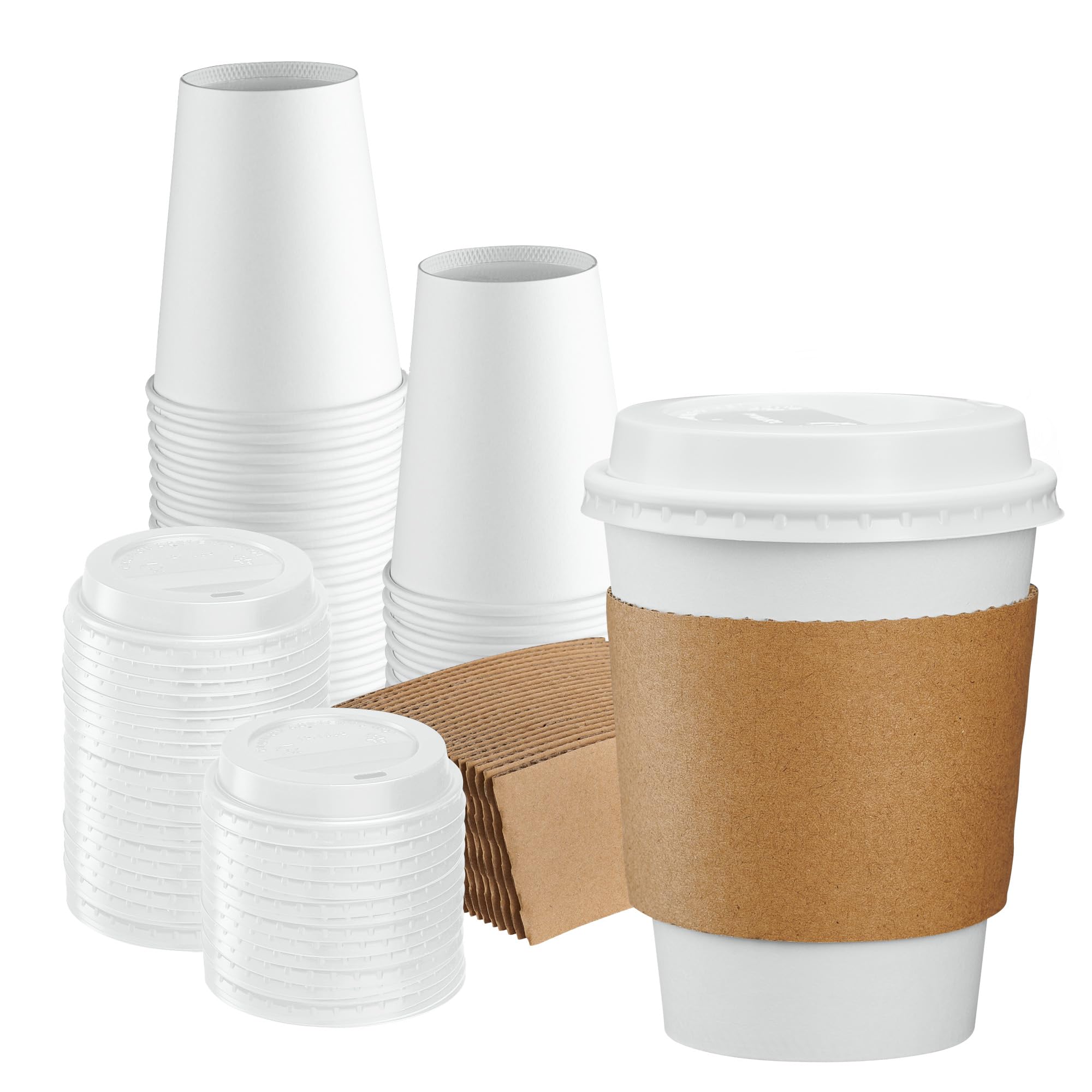 GUSTO [50 Sets - 12 oz. Disposable White Coffee Cups with White Lids, Sleeves - To Go Paper Hot Cups (Formerly Comfy Package)