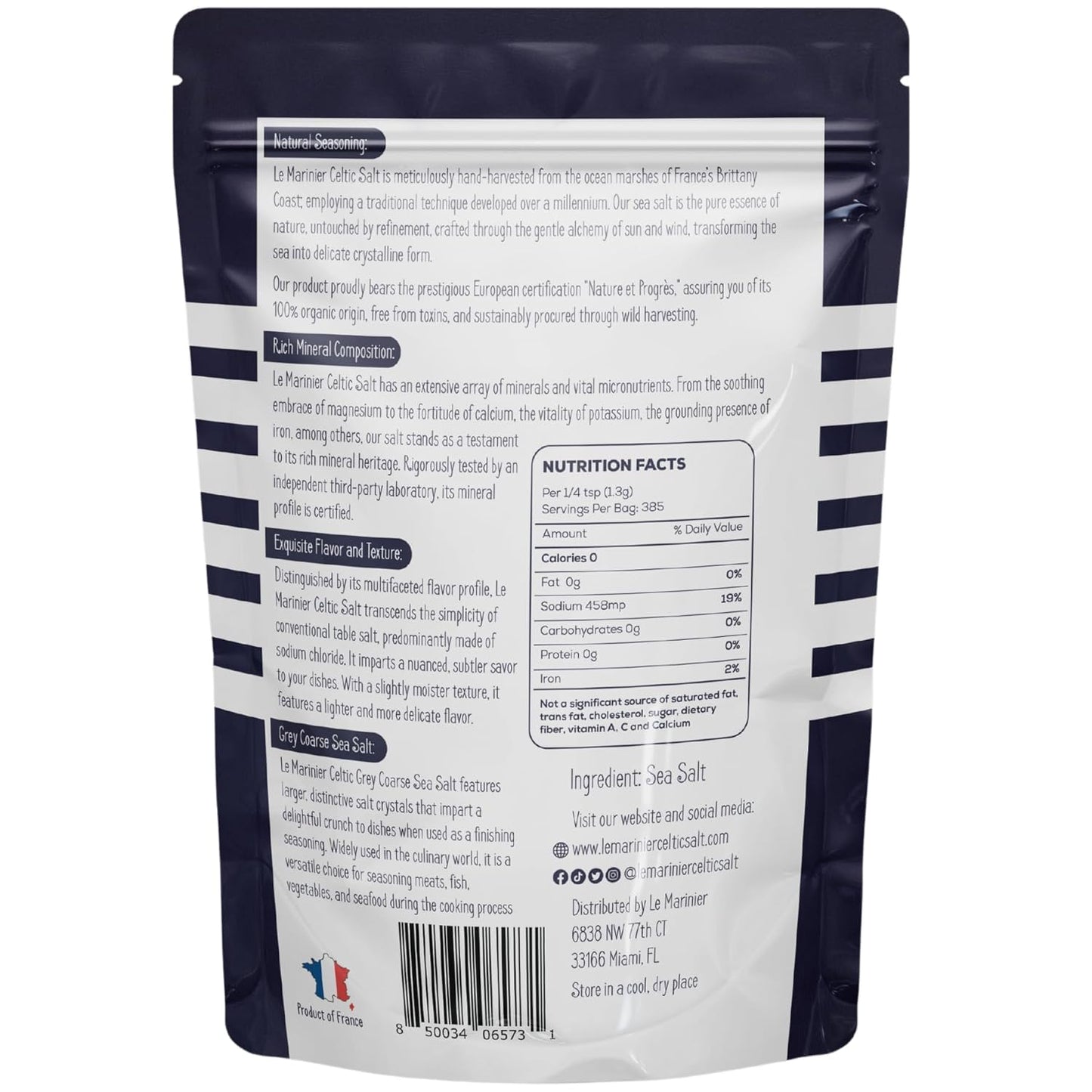 Le Marinier Celtic Salt Organic Grey Coarse, 1.1lb - 18oz. Mineral Rich 100% Natural and Unrefined French Sea Salt Organic. Hand Harvested Mineral Sea