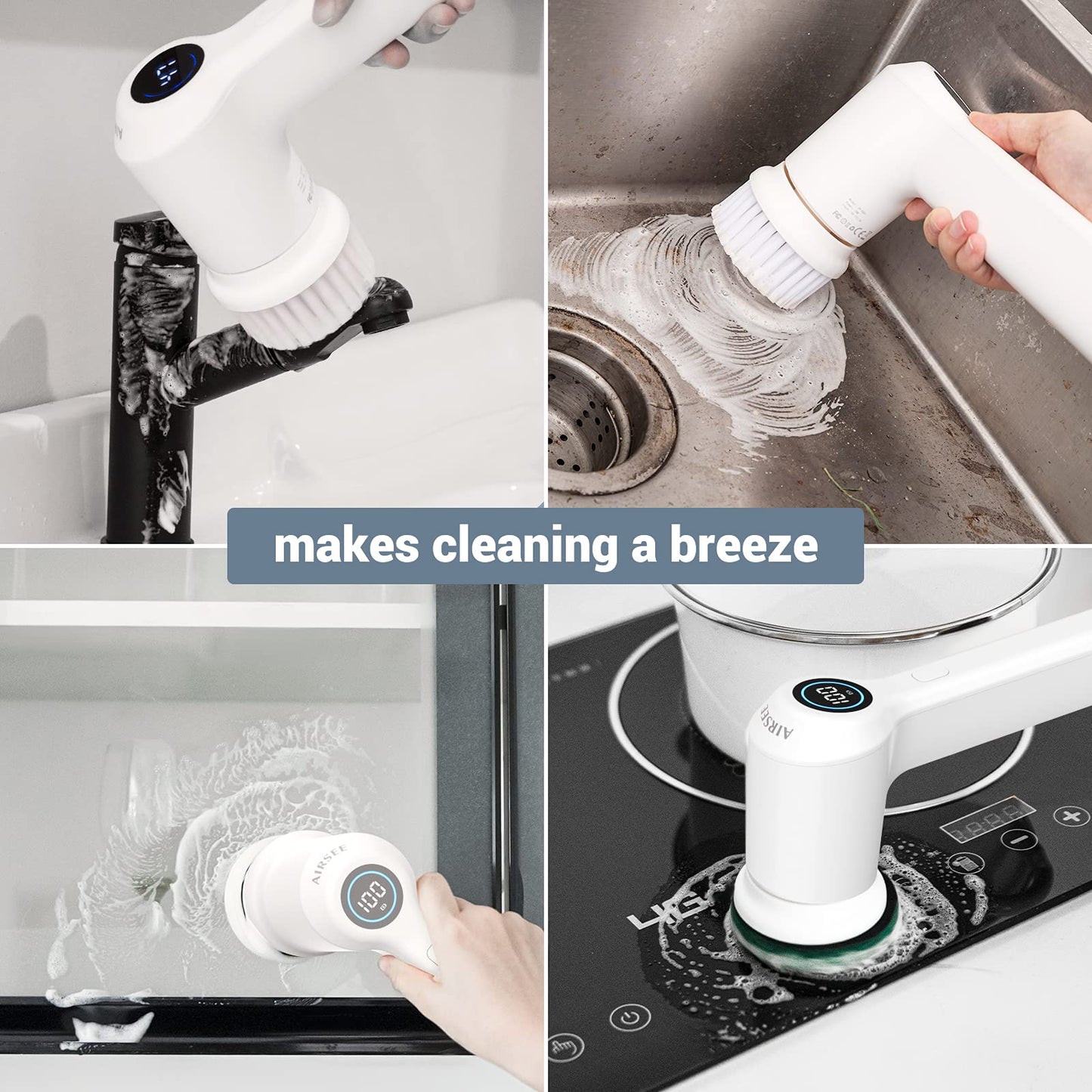 AIRSEE Electric Spin Scrubber, Cordless Power Rotating Brush, 2 Speeds, 6 Replaceable Brush Heads, Handheld Shower Bathroom Scrubber for Cleaning