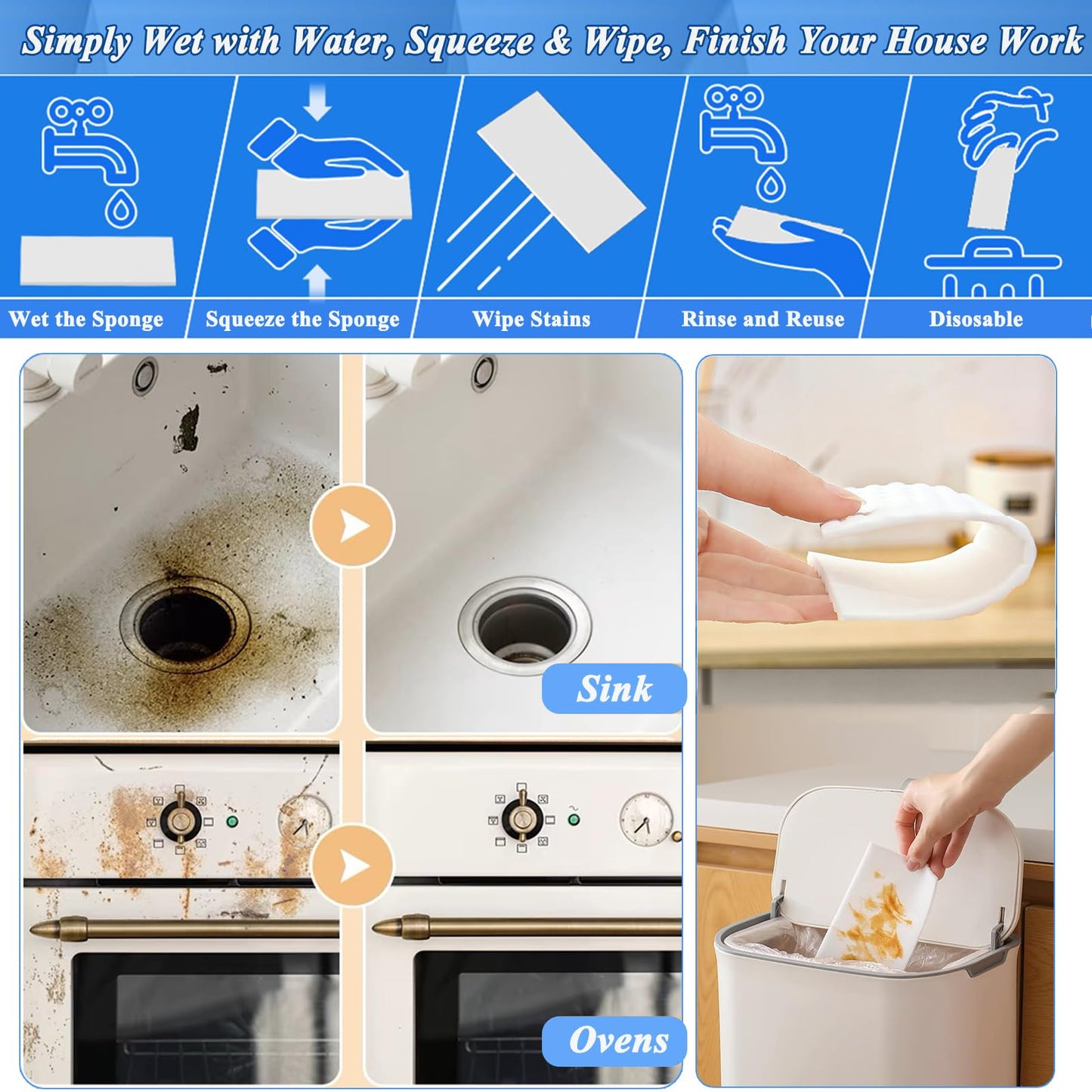Magic Sponge Eraser Sheets, 52Pcs All-Purpose White Melamine Sponge Convex Point Disposable Magic Cleaning Wipes for Furniture Kitchenware