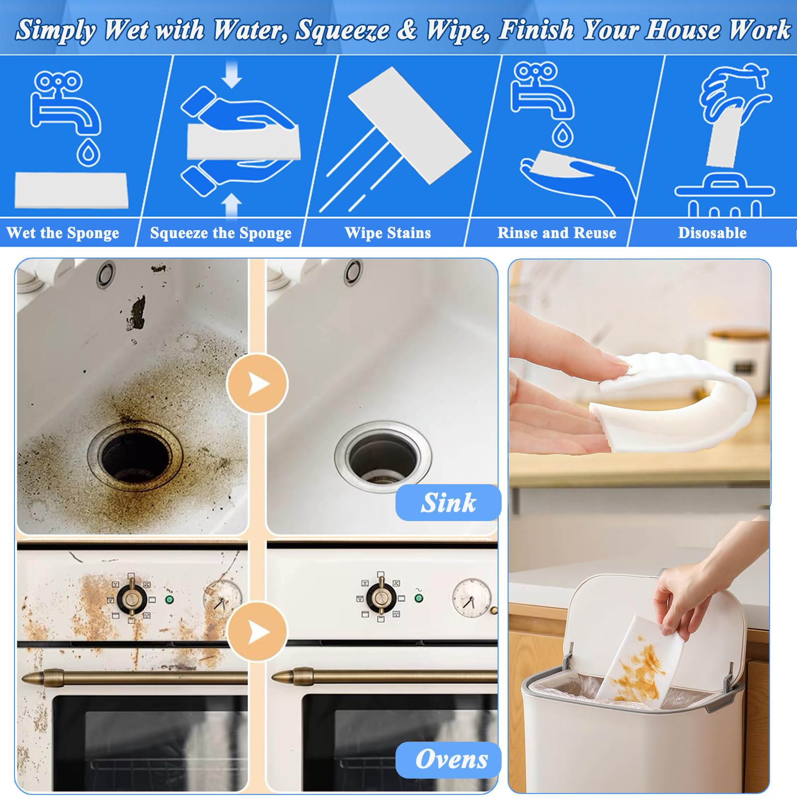 Magic Sponge Eraser Sheets, 52Pcs All-Purpose White Melamine Sponge Convex Point Disposable Magic Cleaning Wipes for Furniture Kitchenware