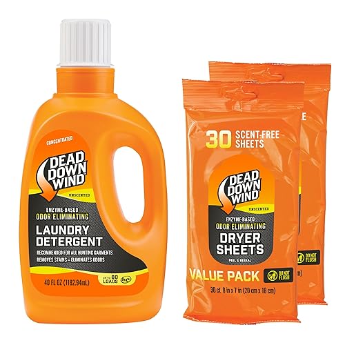DEAD DOWN WIND Unscented Laundry Detergent Combo (40oz Liquid Detergent & 1-30ct Dryer Sheet) - Hunting Scent Control - Durable Hunting Scent