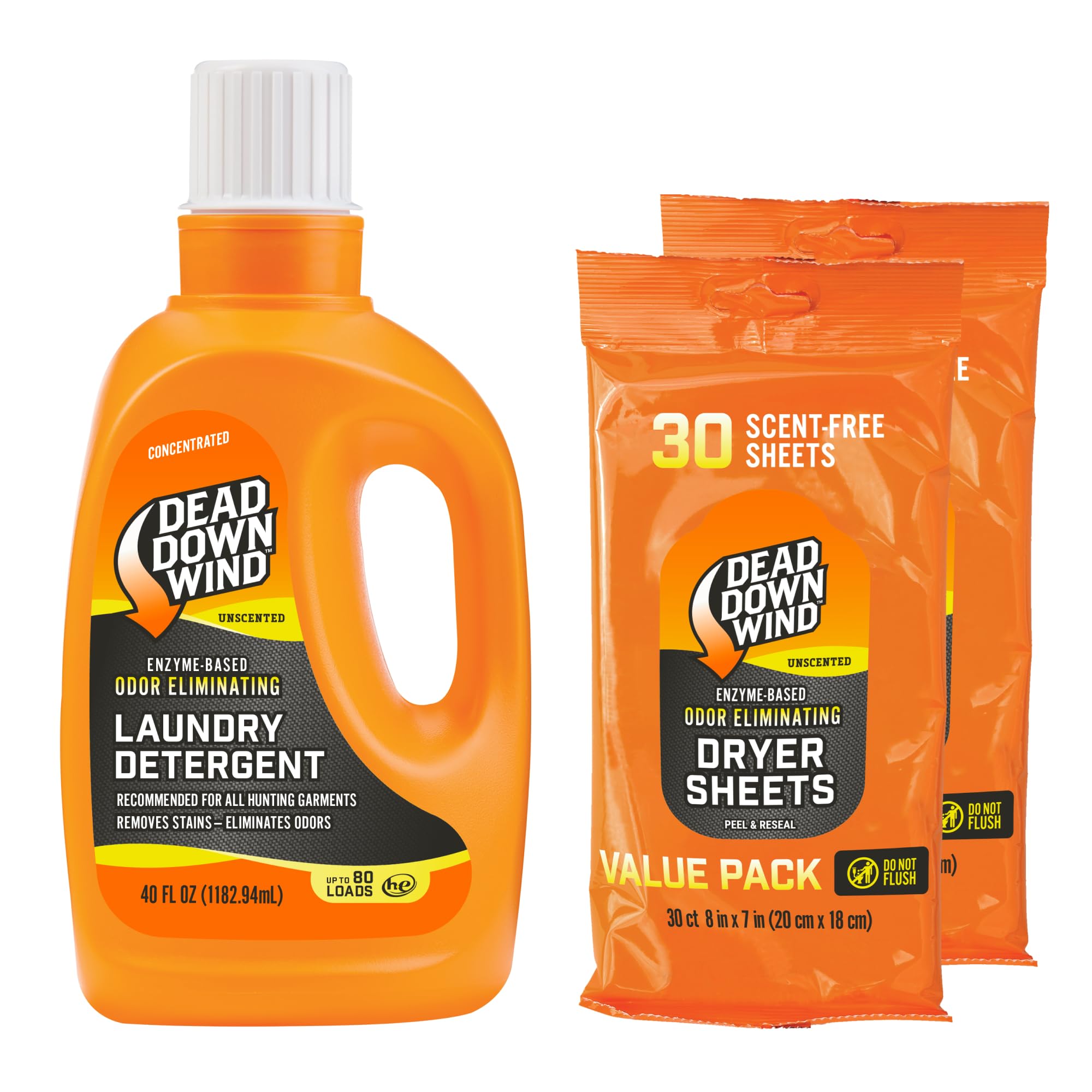 DEAD DOWN WIND Unscented Laundry Detergent Combo (40oz Liquid Detergent & 1-30ct Dryer Sheet) - Hunting Scent Control - Durable Hunting Scent