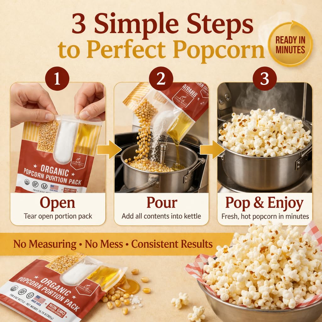 Great River Milling Organic Popcorn Portion Pack, 8 oz Pre-Measured Bags (24 Count) - Non-GMO, Gluten Free Popcorn Kernels, Made in USA - 8 oz