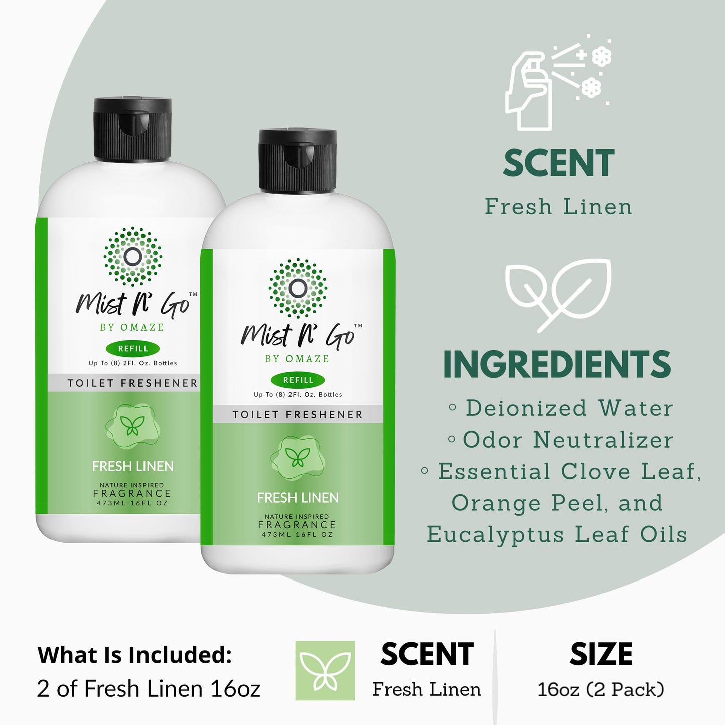 Mist N' Go by OMAZE Bathroom Odor Spray for Toilet Spray Refill Bottle - Multitasking Toilet Spray - Bathroom Spray Odor Eliminator for Strong Odors |