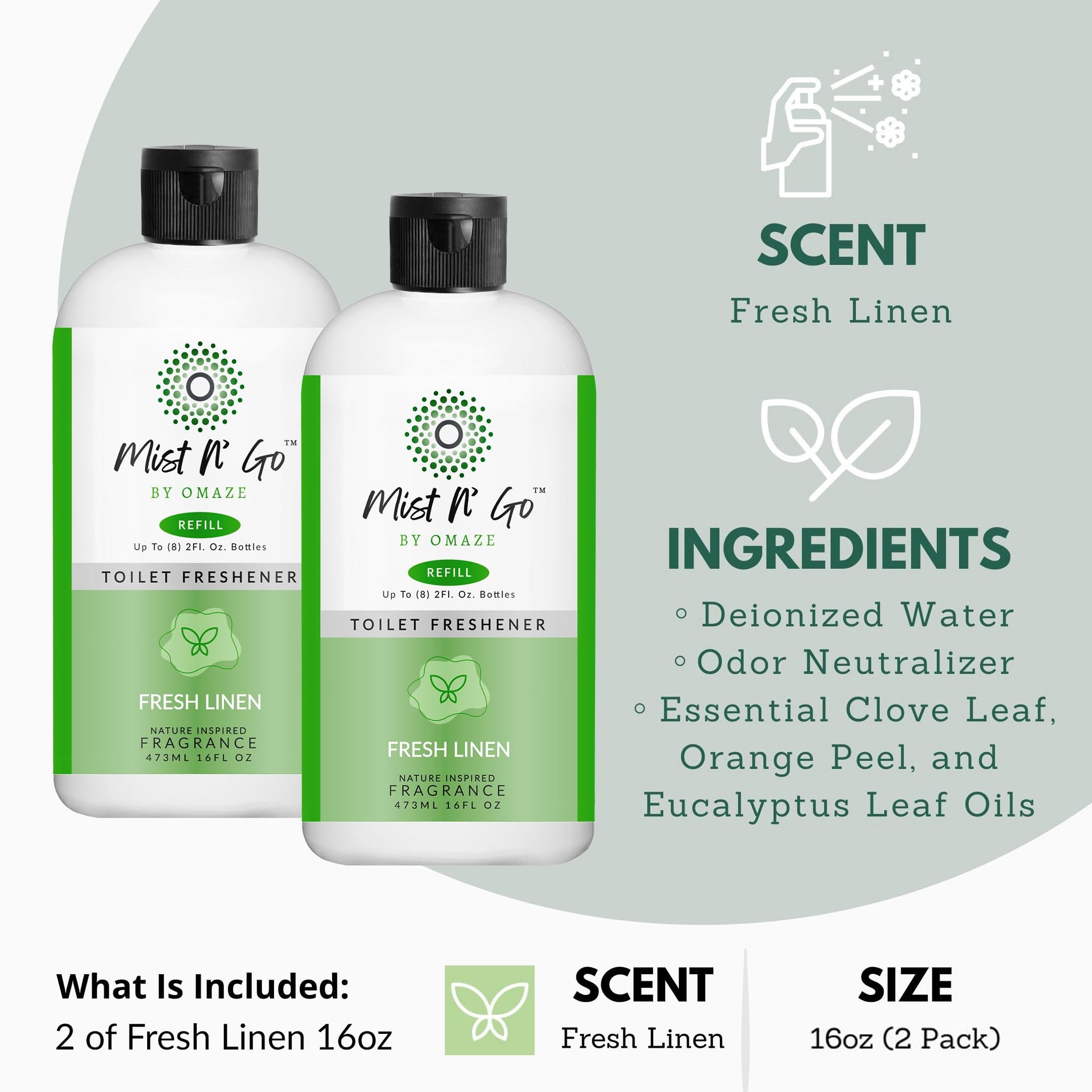 Mist N' Go by OMAZE Bathroom Odor Spray for Toilet Spray Refill Bottle - Multitasking Toilet Spray - Bathroom Spray Odor Eliminator for Strong Odors |