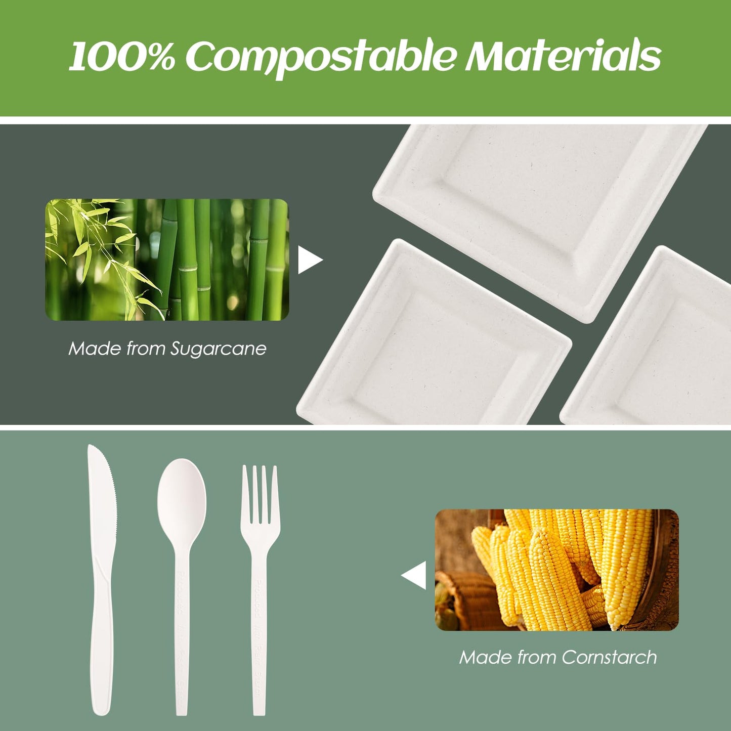 Compostable Disposable Paper Plates Set -[300 Pcs]10 inch 8 inch Heavy Duty Biodegradable Square Plates and Spoons,Forks,Knives,Napkins-Eco-Friendly