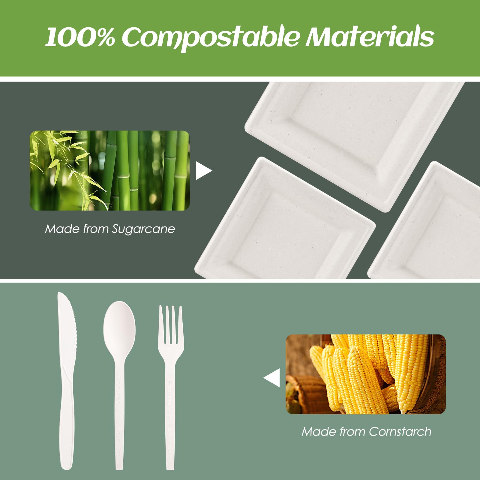 Compostable Disposable Paper Plates Set -[300 Pcs]10 inch 8 inch Heavy Duty Biodegradable Square Plates and Spoons,Forks,Knives,Napkins-Eco-Friendly