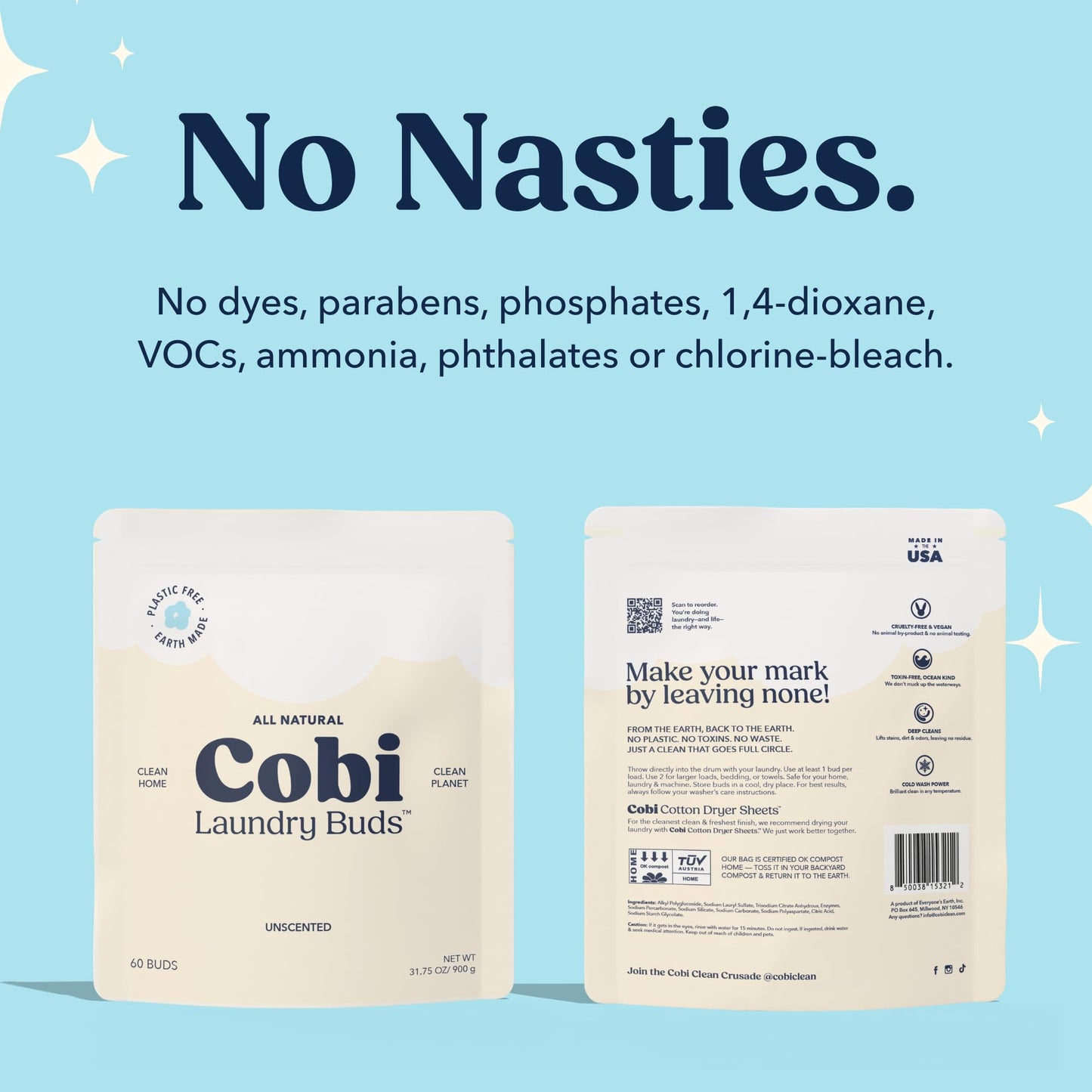 Cobi Clean Laundry Detergent Buds, Plant-Powered, Hypoallergenic, 60 Count, Dye-Free, Cruelty-Free, Vegan, Cold Water Compatible