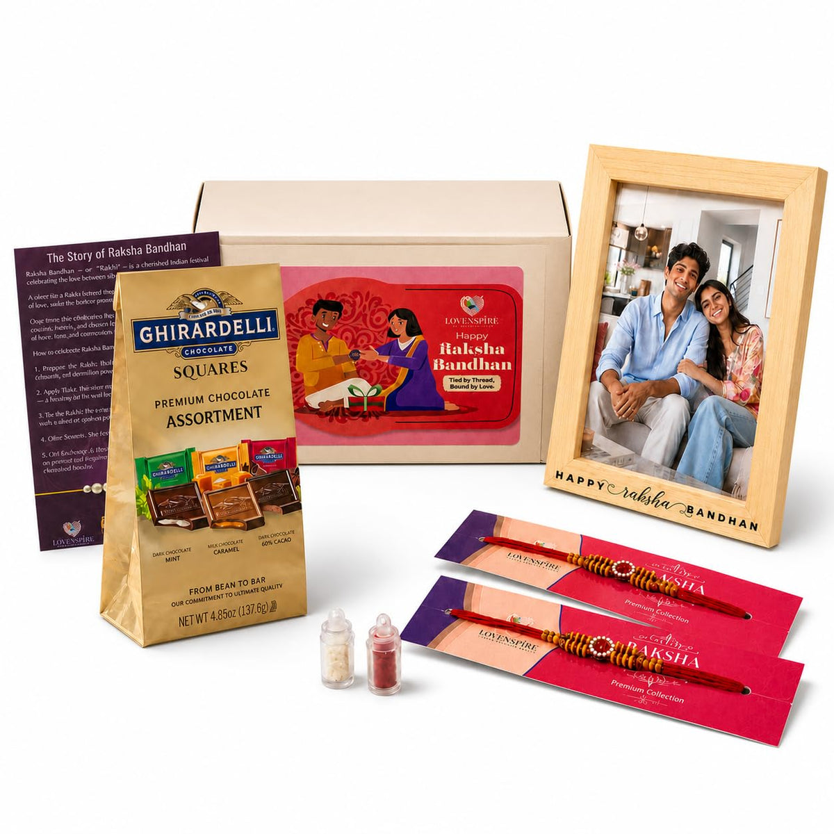 LOVENSPIRE Designer Rakhi Gift Hamper for Brother & Bhabhi - Adjustable Rakhi Bracelet with Customizable Photo Frame, Chocolates, Roli Chawal & Card
