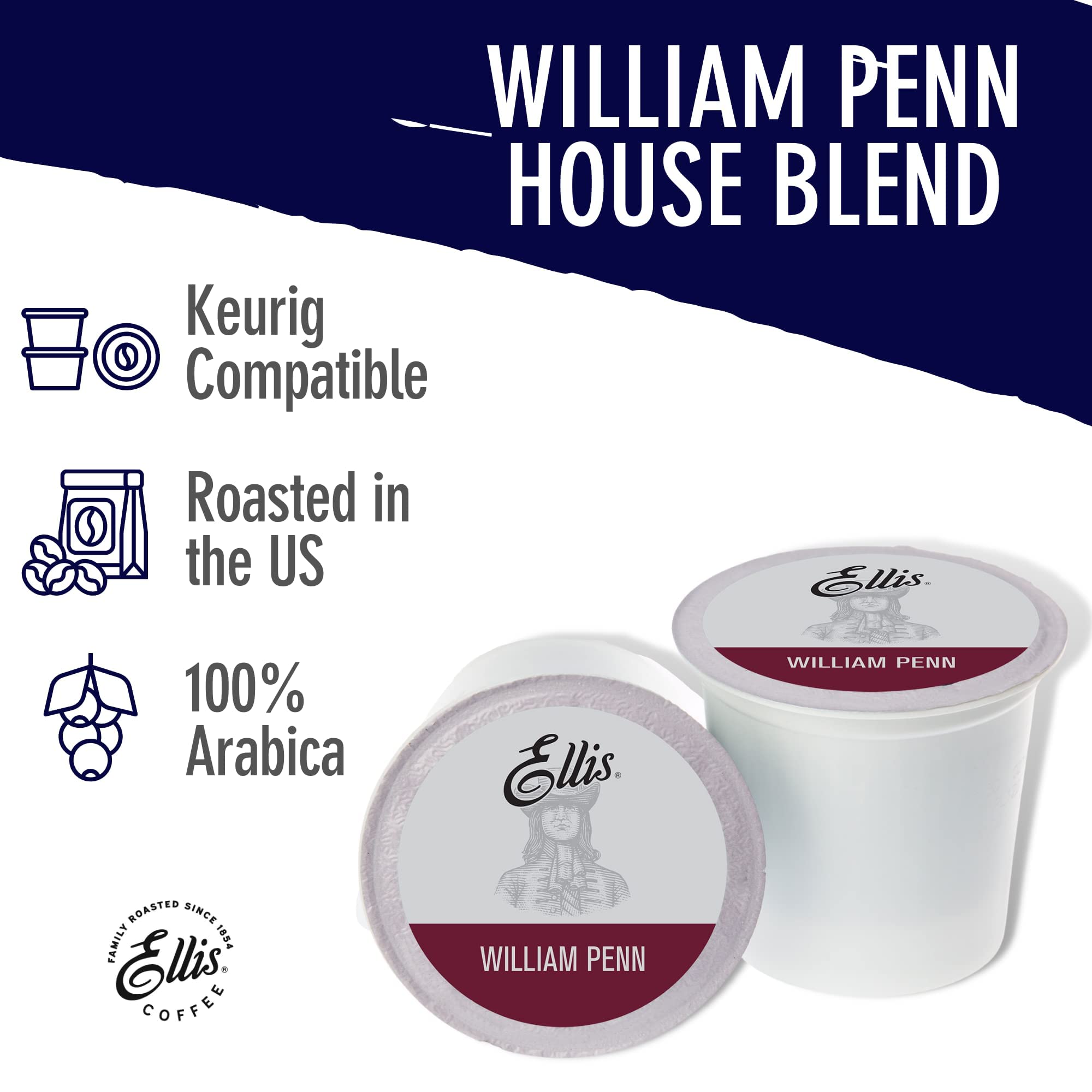 Ellis Coffee - William Penn - Medium Roast - Single Serve Coffee Pods - For Use in Most K-cups and Keurig 2.0 Brewers - 24 Coffee Pods