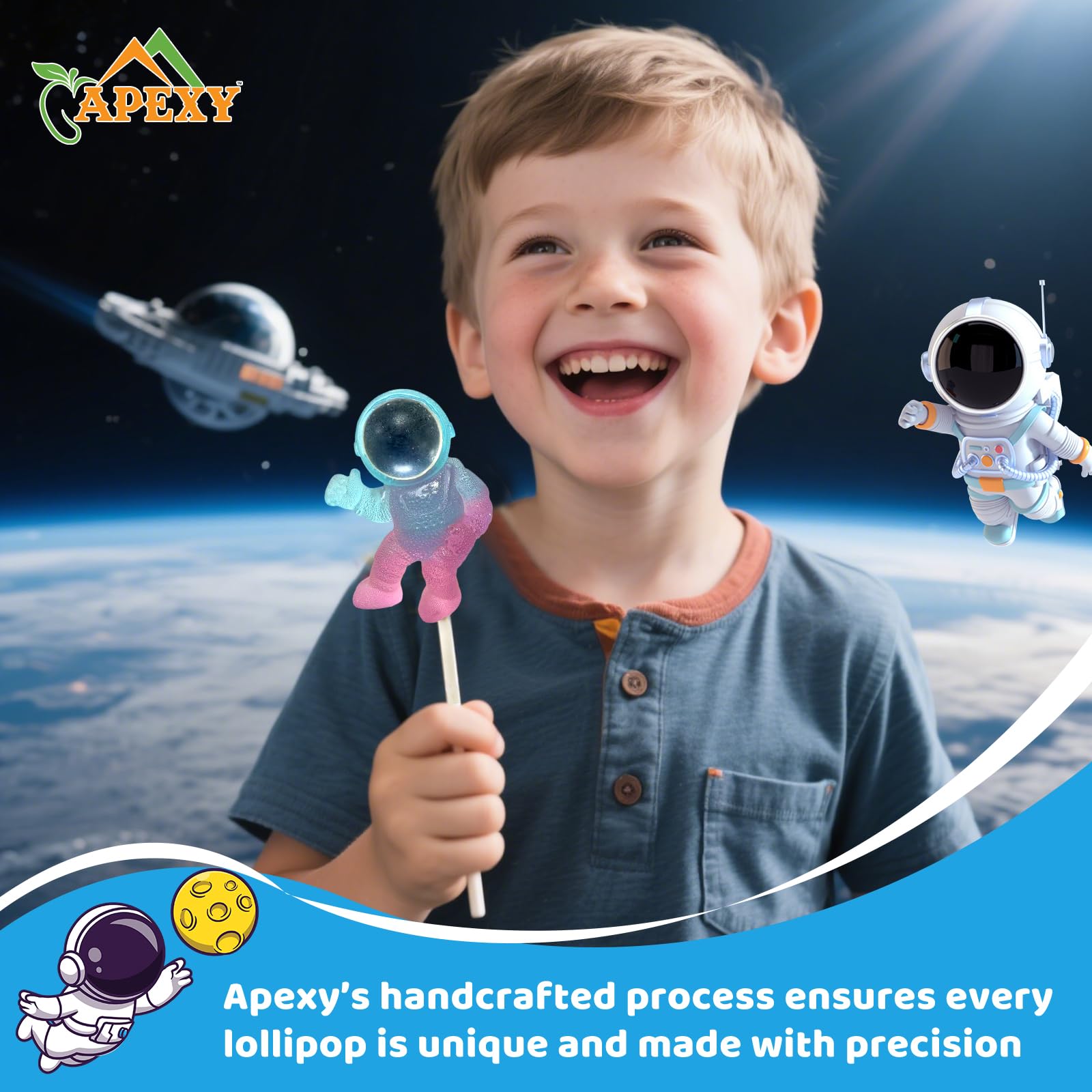 Apexy Creative Lollipops - Handcrafted Candy Pops | Assorted Fun Designs | Colorful Party Candy, Kids Treat & Gift 2 Packs,12 Lollipops (Space