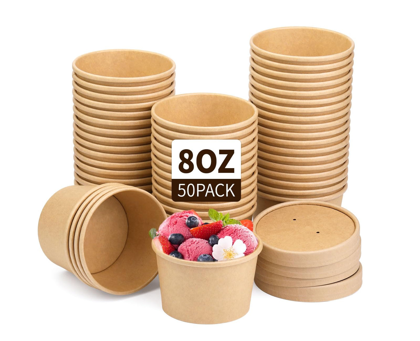 Wuadua Disposable 8 oz 50 Pack Paper Soup Containers with Lids - Takeout Soup Bowls for Noodles, Salad, Restaurant, Catering, Food Storage - Microwave