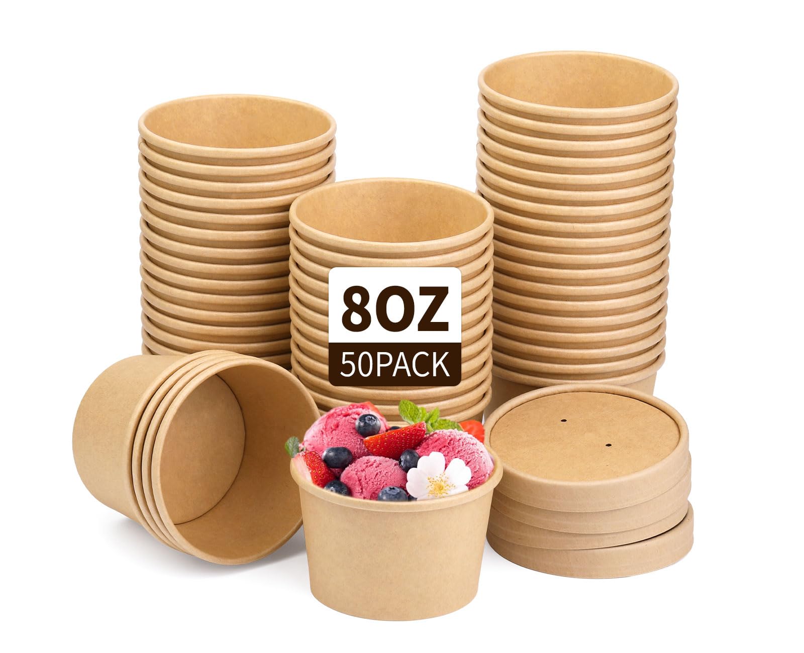 Wuadua Disposable 8 oz 50 Pack Paper Soup Containers with Lids - Takeout Soup Bowls for Noodles, Salad, Restaurant, Catering, Food Storage - Microwave