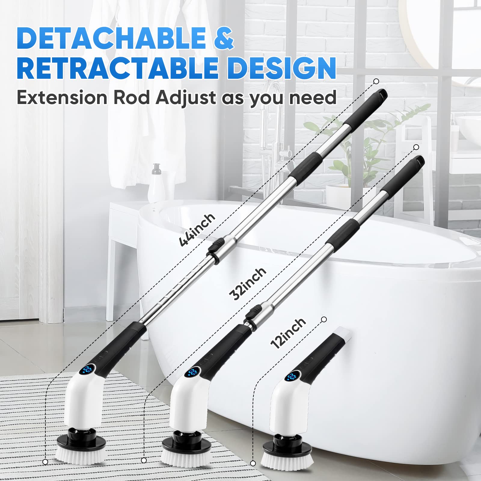 Electric Spin Scrubber, 2024 New Cordless Cleaning Brush with 8 Replaceable Brush Heads, Power Shower Scrubber Long Handle, Extendable Handheld