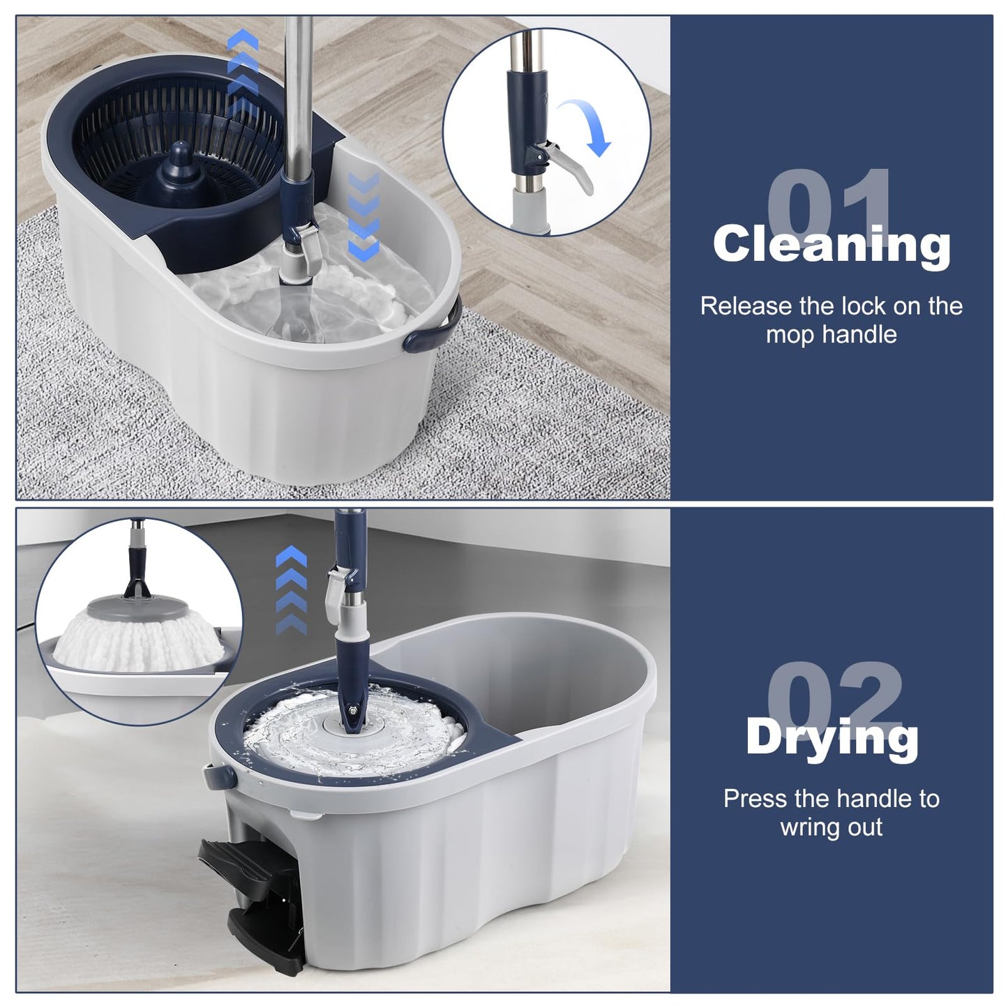 Spin Mop and Bucket System with180-Degree Rotating Head Telescopic Handle Dual Chamber Bucket Floor Cleaning Set with 3 Mop Refills Dual-Function