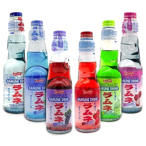 Shirakiku Ramune Variety pack, 6 Count, 6.76 Fl Oz Glass Bottles, Japanese Carbonated Soft Drink