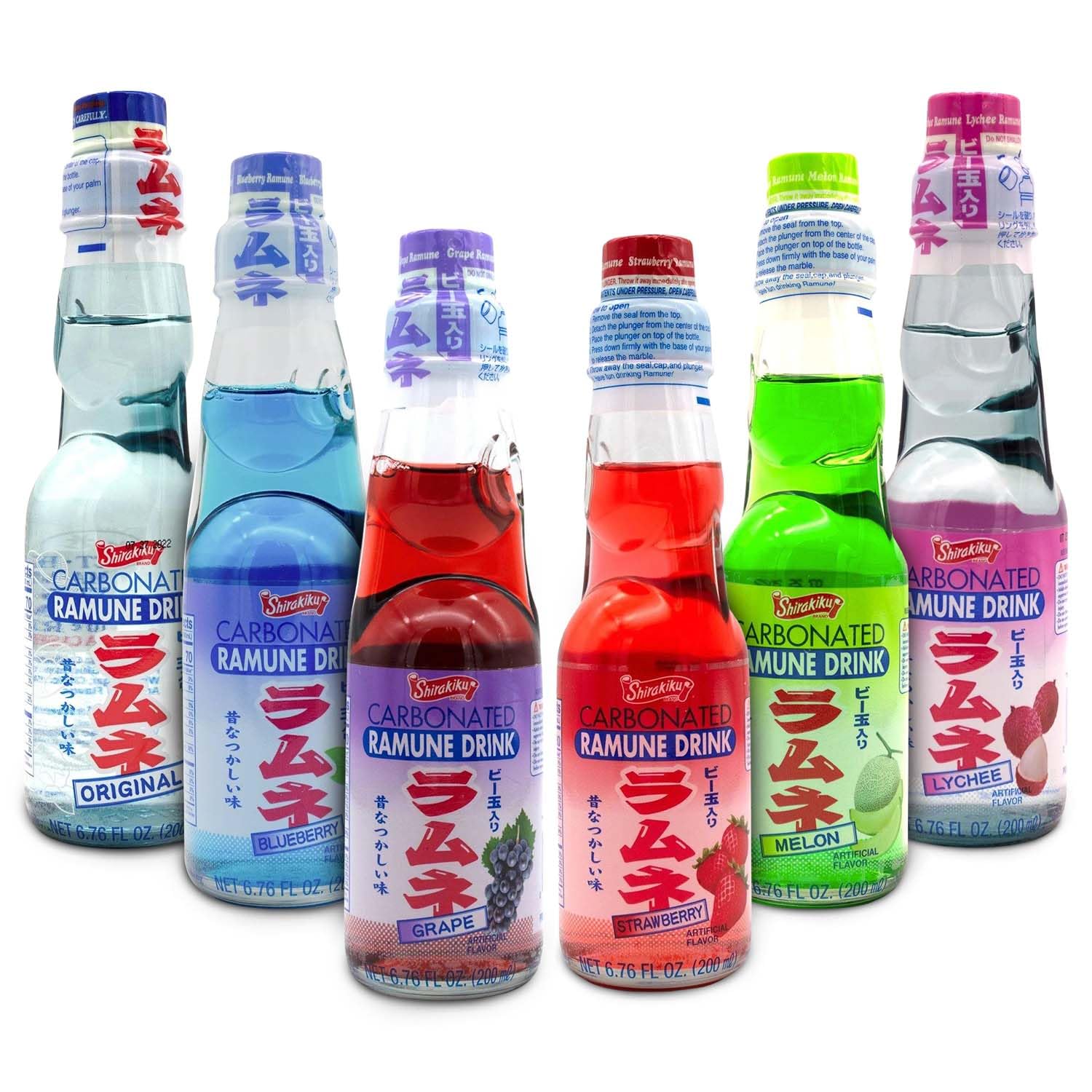 Shirakiku Ramune Variety pack, 6 Count, 6.76 Fl Oz Glass Bottles, Japanese Carbonated Soft Drink