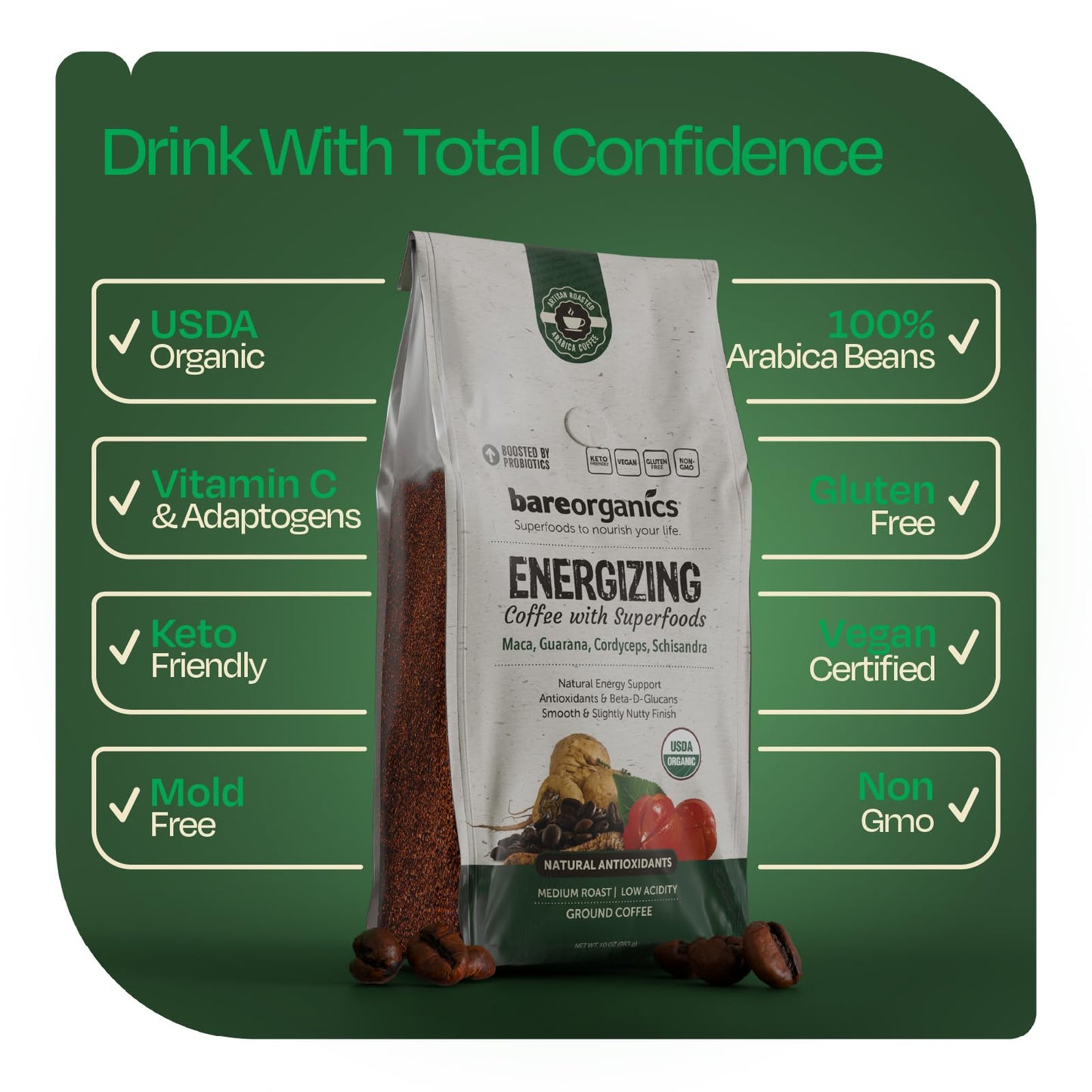 Energizing Artisan Ground Coffee with Superfoods, Medium Roast, Non-GMO & Gluten-free, Maca, Guarana, Cordyceps & Schisandra - 10 oz