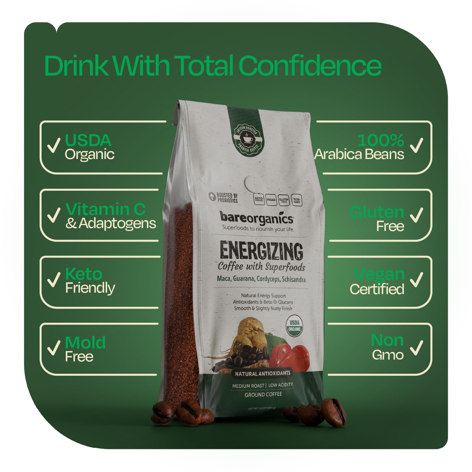 Energizing Artisan Ground Coffee with Superfoods, Medium Roast, Non-GMO & Gluten-free, Maca, Guarana, Cordyceps & Schisandra - 10 oz