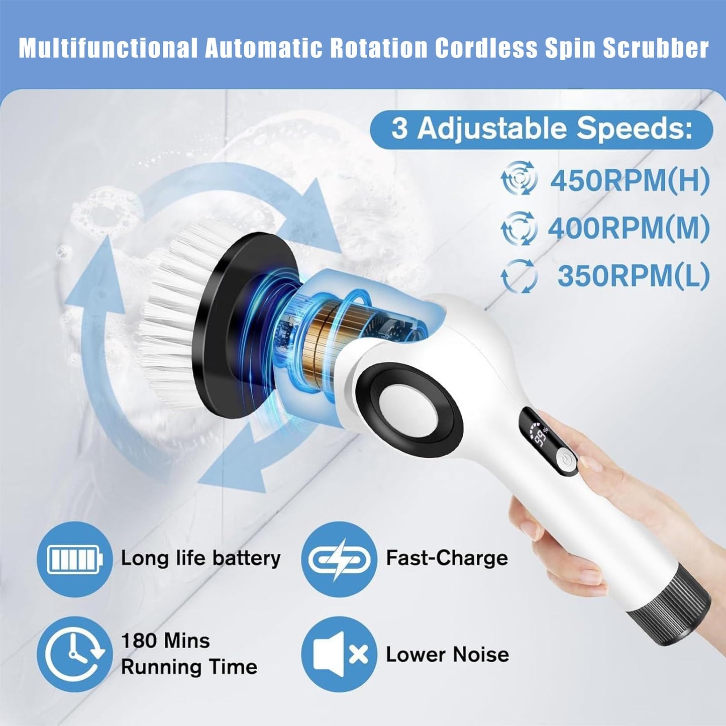 Electric Spin Scrubber, Electric Cleaning Brush, Multifunctional 360 Automatic Rotation Cordless Spin Scrubber with 7 Replaceable Brush Heads