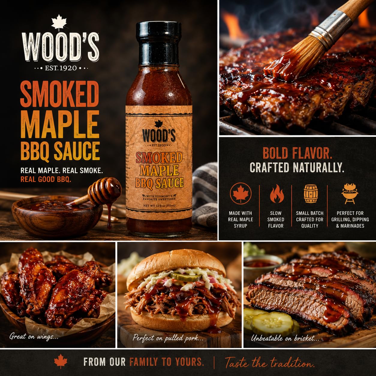 Wood’s Smoked Maple BBQ Sauce - Sweet & Smoky Small-Batch Barbecue Sauce Made with Real Vermont Maple Syrup | Bold Flavor with a Peppery Kick |