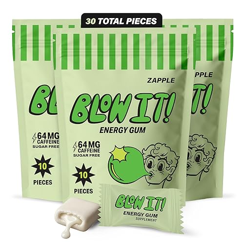 Blow It - Caffeinated Xylitol Gum - Intensified Energy and Focus Boost Effect - Green Coffee Bean Infused Sugar Free Gum - Zapple Flavor - 3-Pack (30