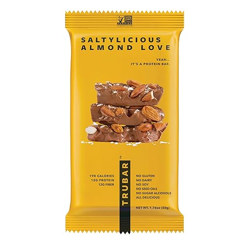 TRUBAR Vegan Protein Bar, Saltylicious Almond Love, Gluten Free, Plant Based, High Fiber, Dairy Free, Low Fat, Non GMO, No Sugar Alcohols, 12G Lean
