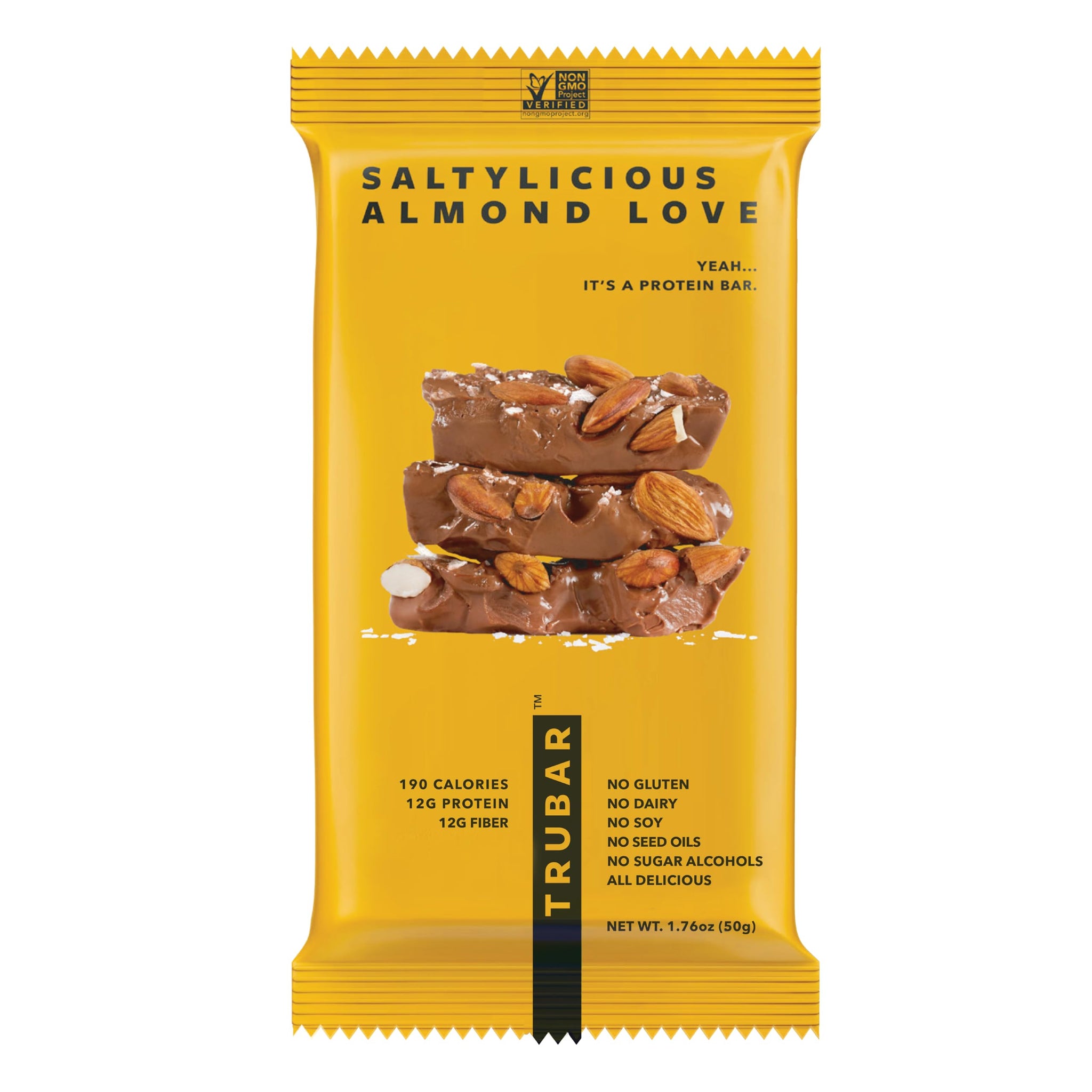 TRUBAR Vegan Protein Bar, Saltylicious Almond Love, Gluten Free, Plant Based, High Fiber, Dairy Free, Low Fat, Non GMO, No Sugar Alcohols, 12G Lean