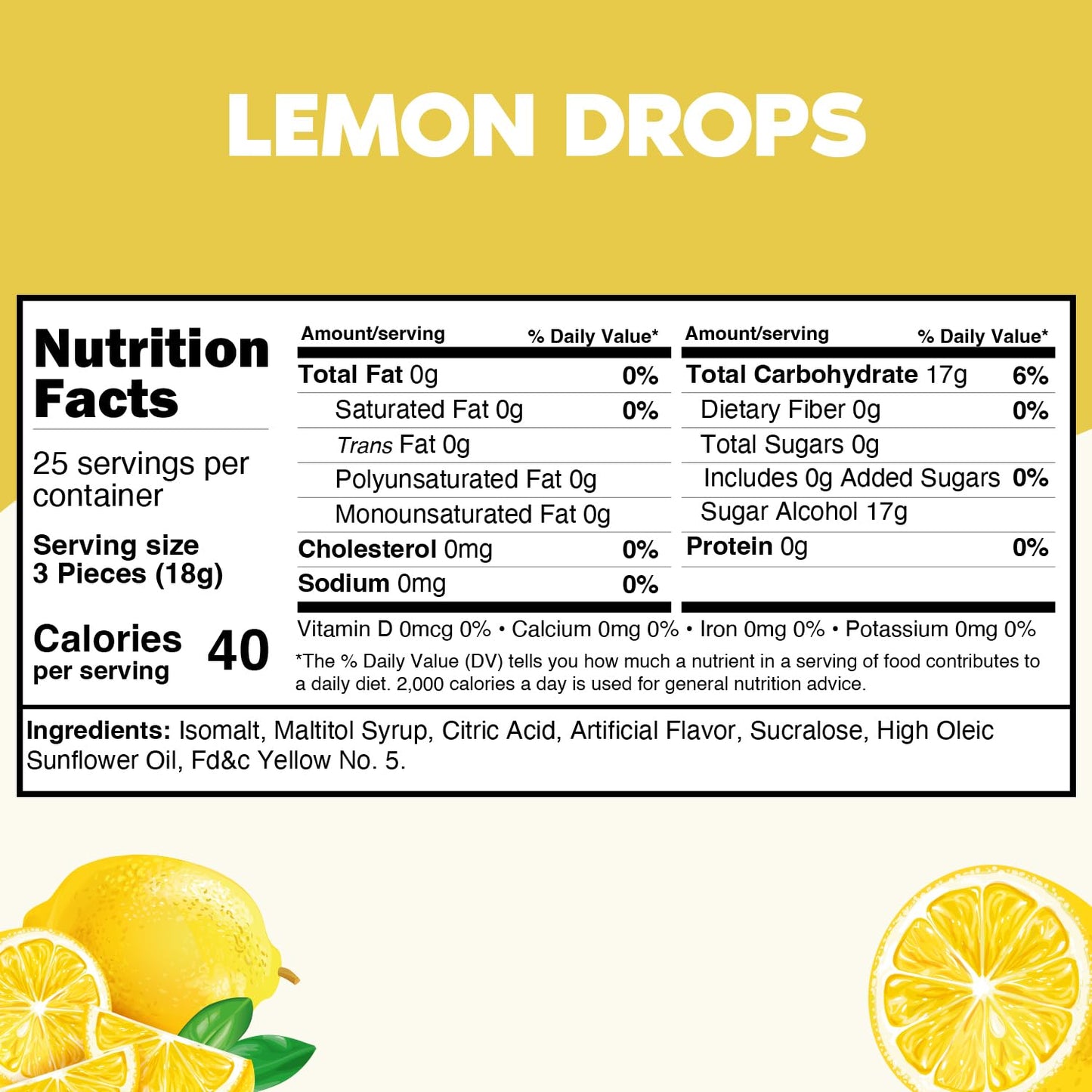 Sugar Free Lemon Hard Candy Drops - 1 Pound Approx. 75 Pieces, Individually Wrapped Lemon Flavored Candy Discs For Holiday Treats & Snacks, Sugar Free
