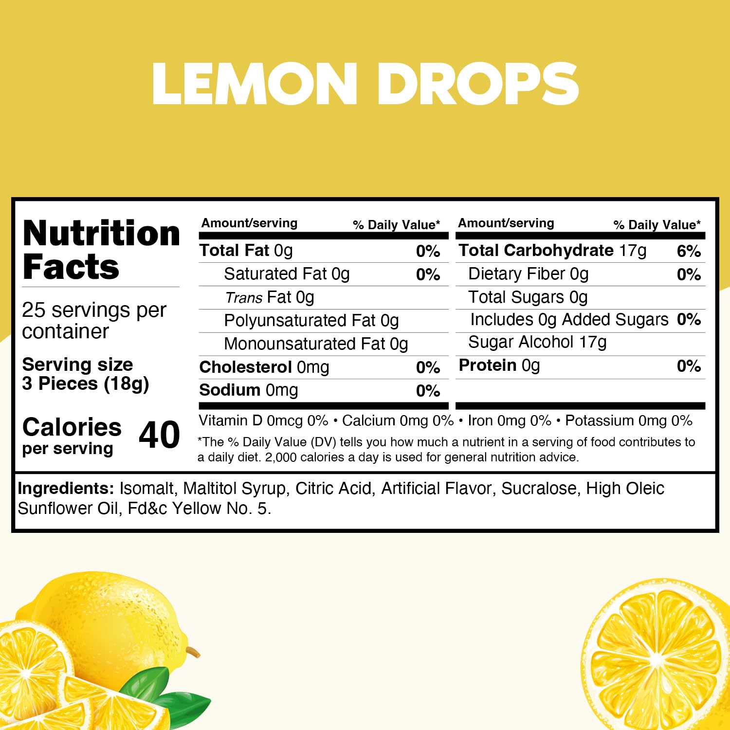 Sugar Free Lemon Hard Candy Drops - 1 Pound Approx. 75 Pieces, Individually Wrapped Lemon Flavored Candy Discs For Holiday Treats & Snacks, Sugar Free