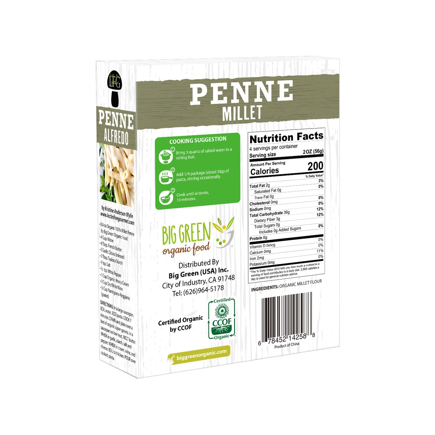 Big Green Organic Food- Organic Millet Penne, Gluten-Free, Lectin-Free, Non-GMO, Vegan, Wheat and Rice Alternative, 8.8oz (5)