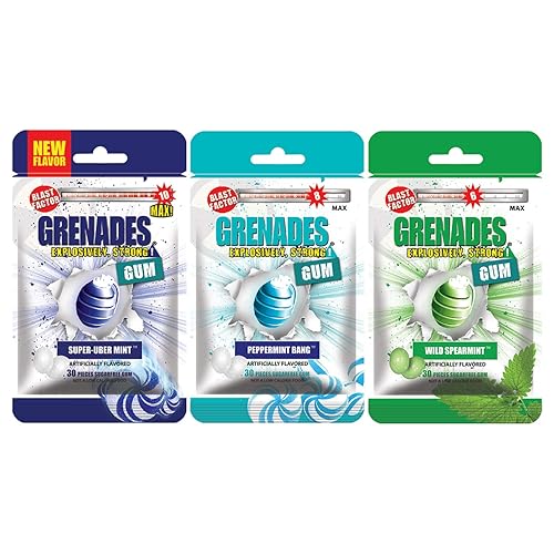 Grenades Gum - POWER PACK ICE - STRONG MINT GUM - 3-PACK, 90pcs - Mint Flavor Pack (Super-Uber Mint, Peppermint and Spearmint) - Ultimate Fresh Breath