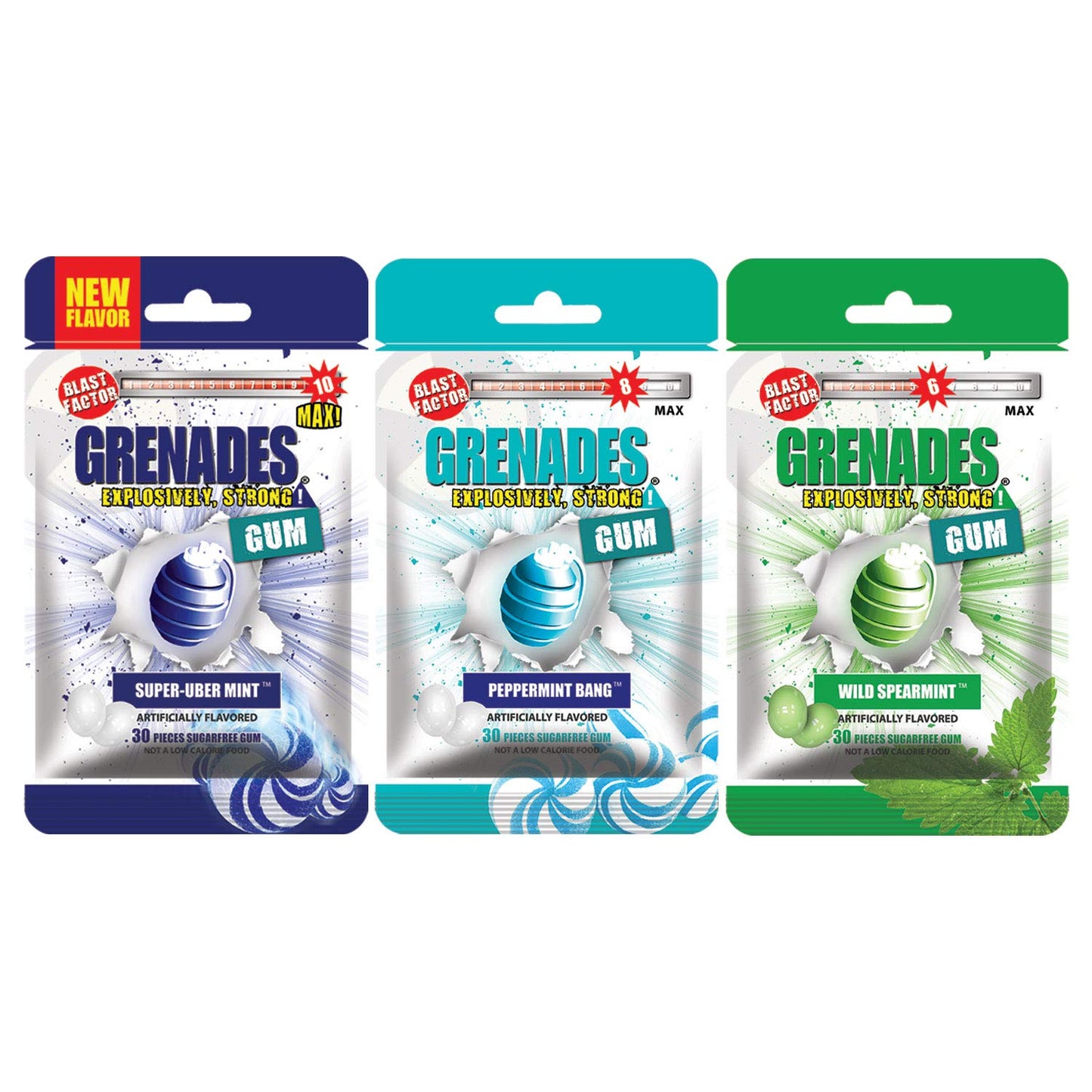 Grenades Gum - POWER PACK ICE - STRONG MINT GUM - 3-PACK, 90pcs - Mint Flavor Pack (Super-Uber Mint, Peppermint and Spearmint) - Ultimate Fresh Breath