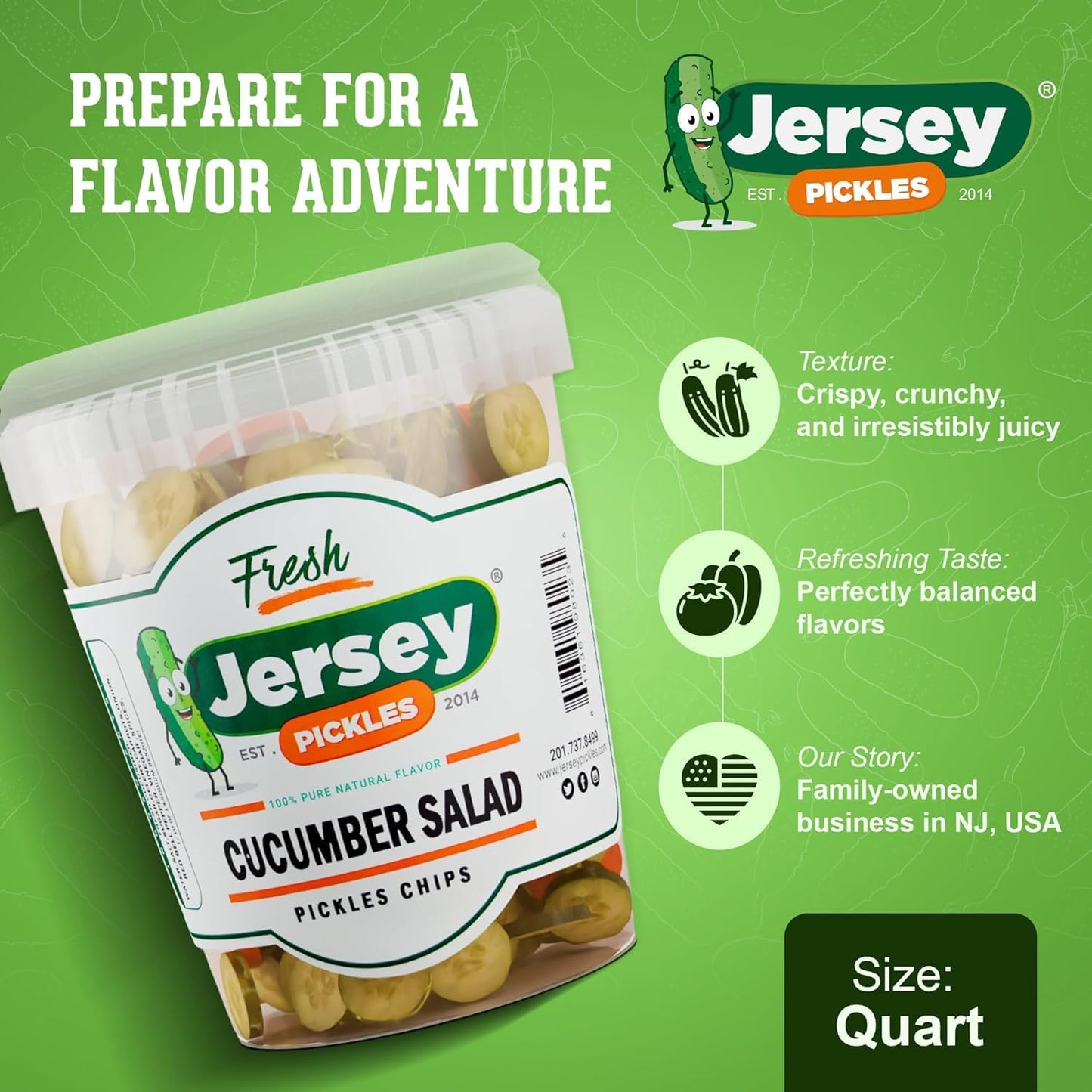 Jersey Pickles - Cucumber Salad (Quart) - Fresh, Keto-Friendly, and Perfect for Snacks, Sandwiches, or Salads - The perfect Pickle Jars Cornichon