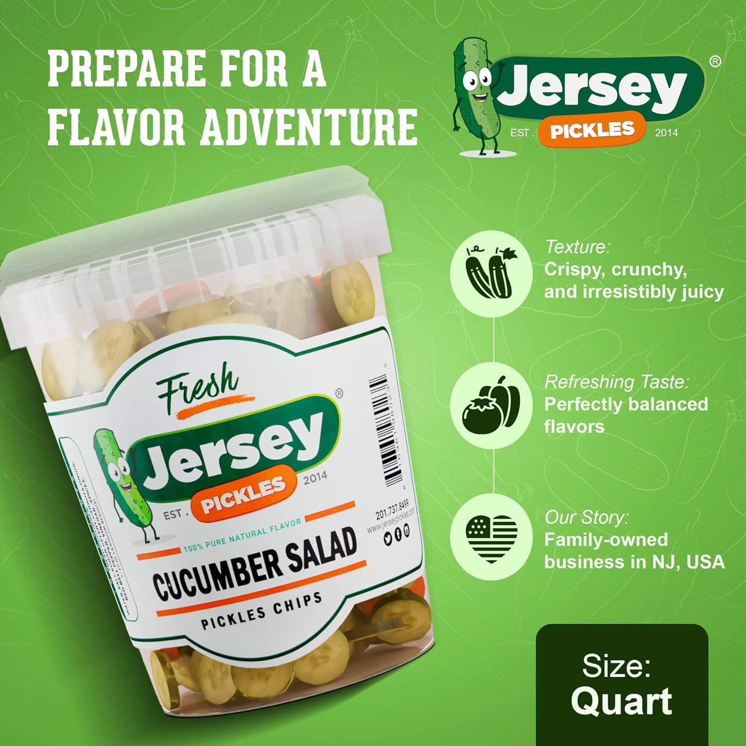 Jersey Pickles - Cucumber Salad (Quart) - Fresh, Keto-Friendly, and Perfect for Snacks, Sandwiches, or Salads - The perfect Pickle Jars Cornichon