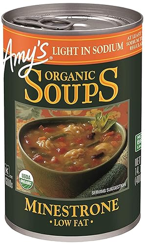 Amy’s Soup, Vegan Minestrone Soup, Light in Sodium, Made With Organic Vegetables, Beans and Pasta in Tomato Broth, Canned Soup, 14.1 Oz