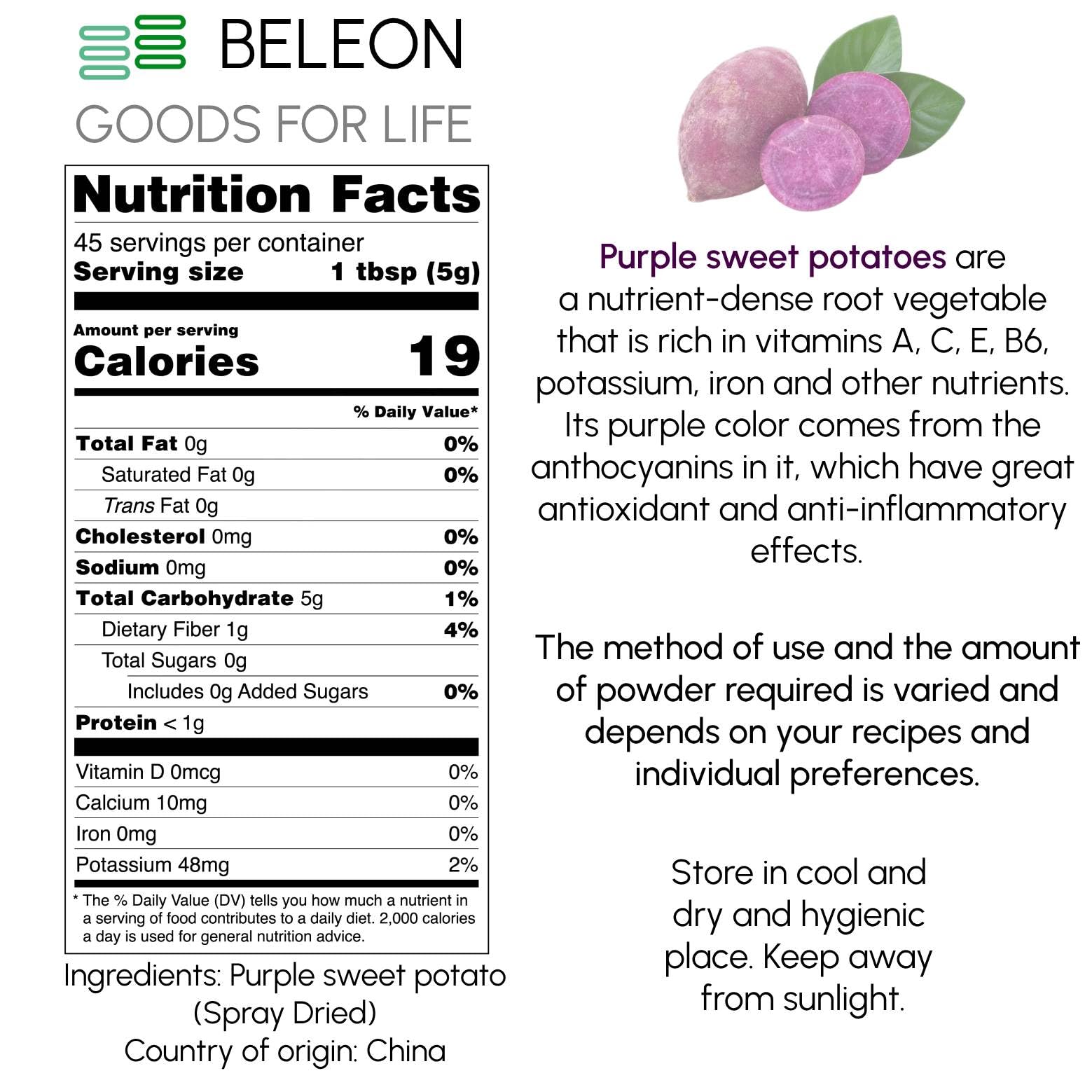 Purple Sweet Potato Powder, Pure All Natural Purple Sweet Potato Powder for Baking, Flavoring, Smoothies, Beverage, 8 oz