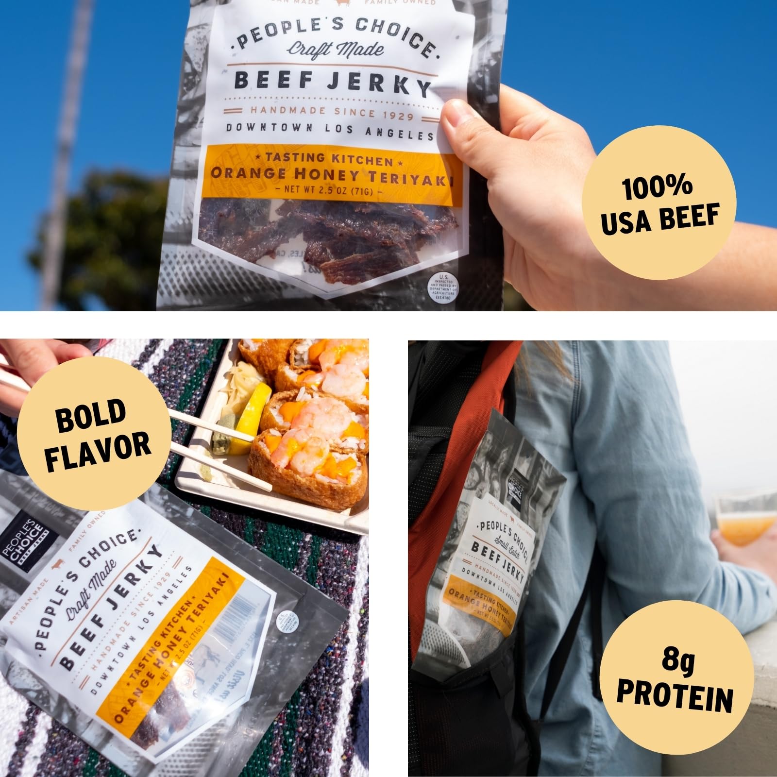 People’s Choice Beef Jerky - Tasting Kitchen - Orange Honey Teriyaki - Sweet & Savory - 8g Protein - Made in USA - 1 Pound (16 oz) Bag