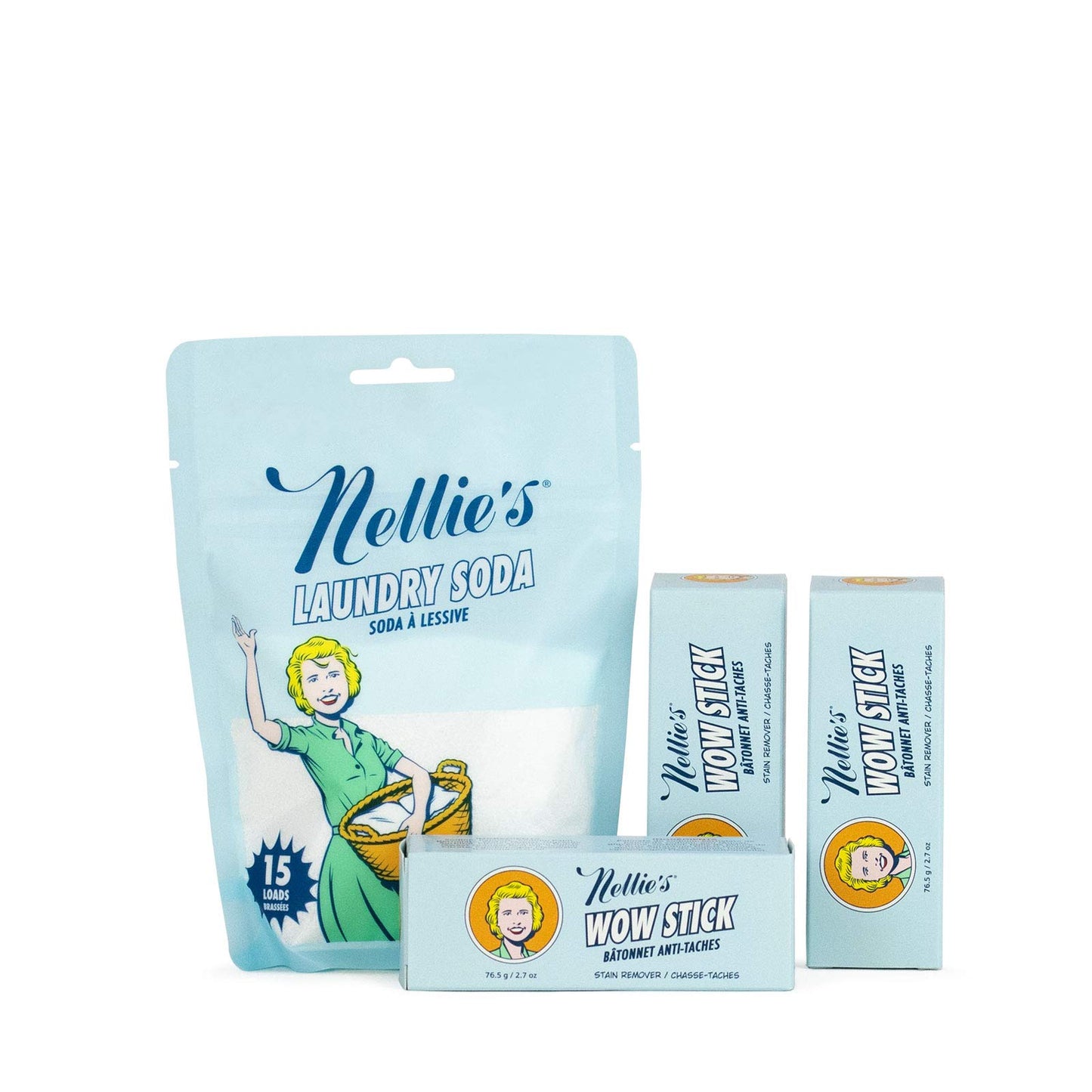 Nellie’s WOW Stick Stain Remover Bundle - Includes 3 Stain Remover Sticks and 15-Load Laundry Soda - Removes Odors and Stains from Clothing