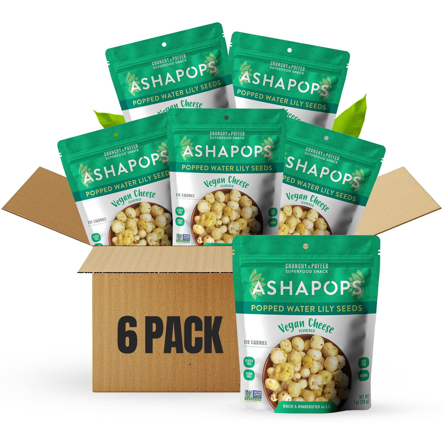 AshaPops Vegan Cheese Flavored Popped Water Lily Seeds, 1 oz (Pack of 6) - Gluten-Free, Vegan, Paleo, Nut-Free, Corn-Free, Soy-Free, Non-GMO