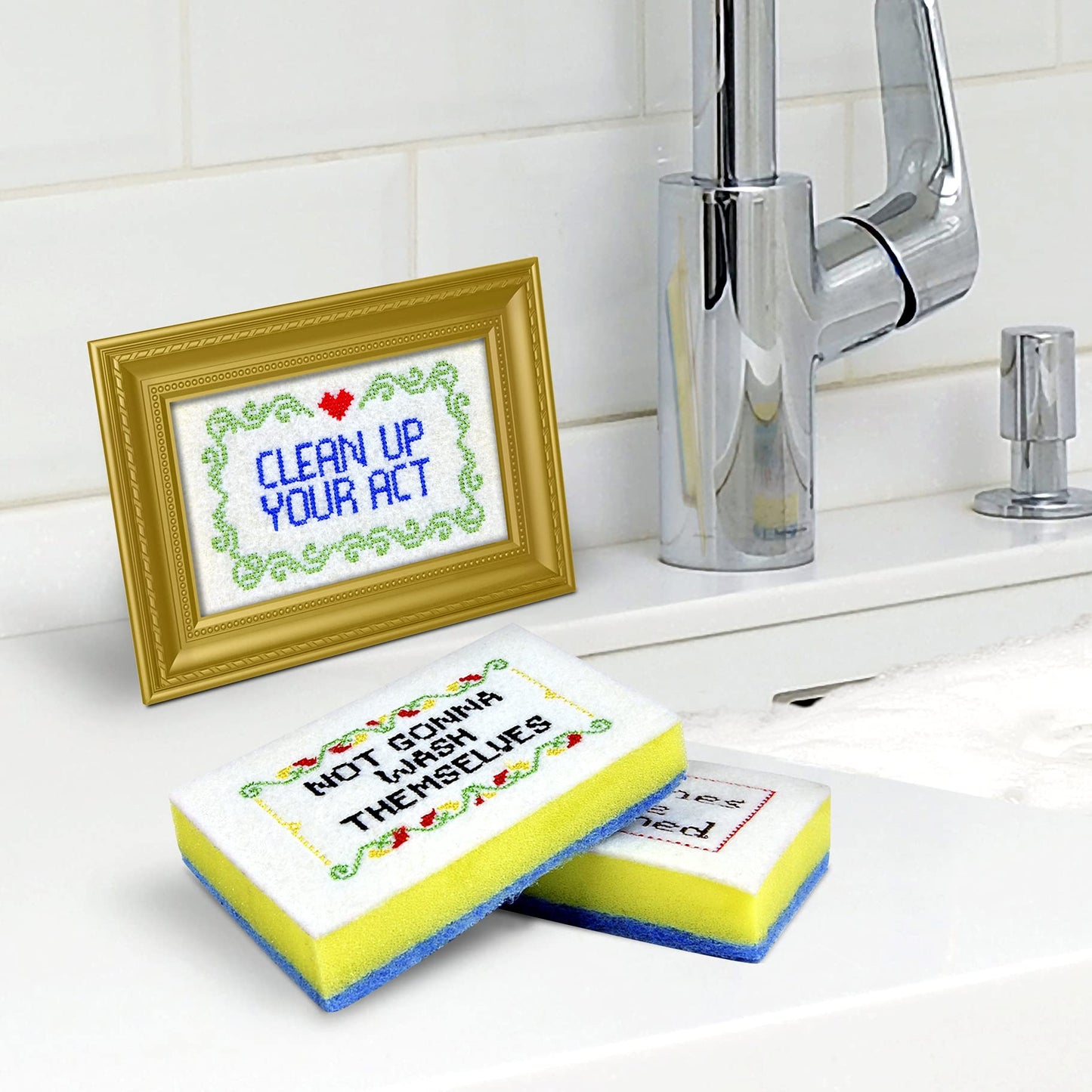 Genuine Fred Subversive Sponges, R Version, Embroidered Kitchen Sponges with Frame