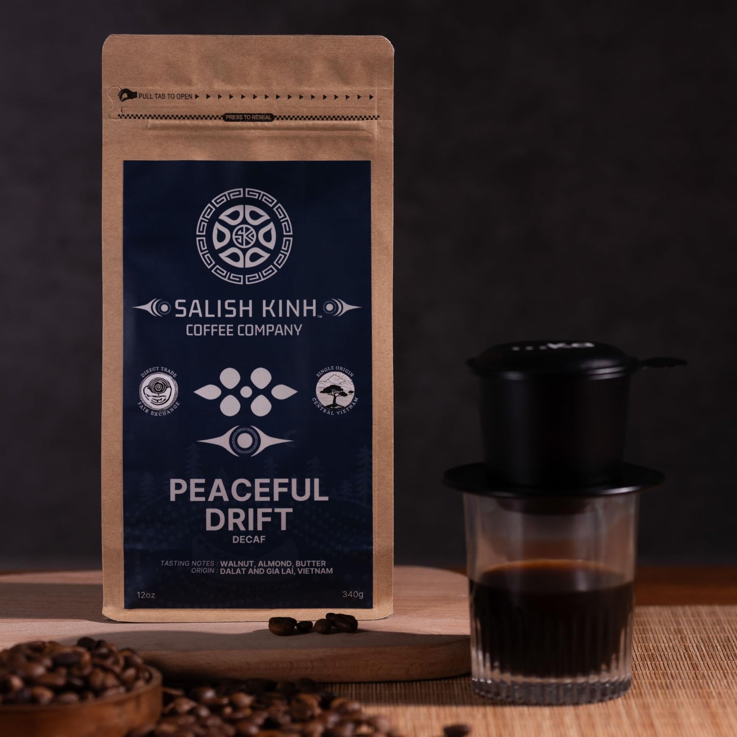 SALISH KINH Whole Bean Coffee | Peaceful Drift Decaf | 12 oz Bag | 100% Robusta | Specialty Grade Decaf | Bold Flavor | Single Origin | Direct Trade |