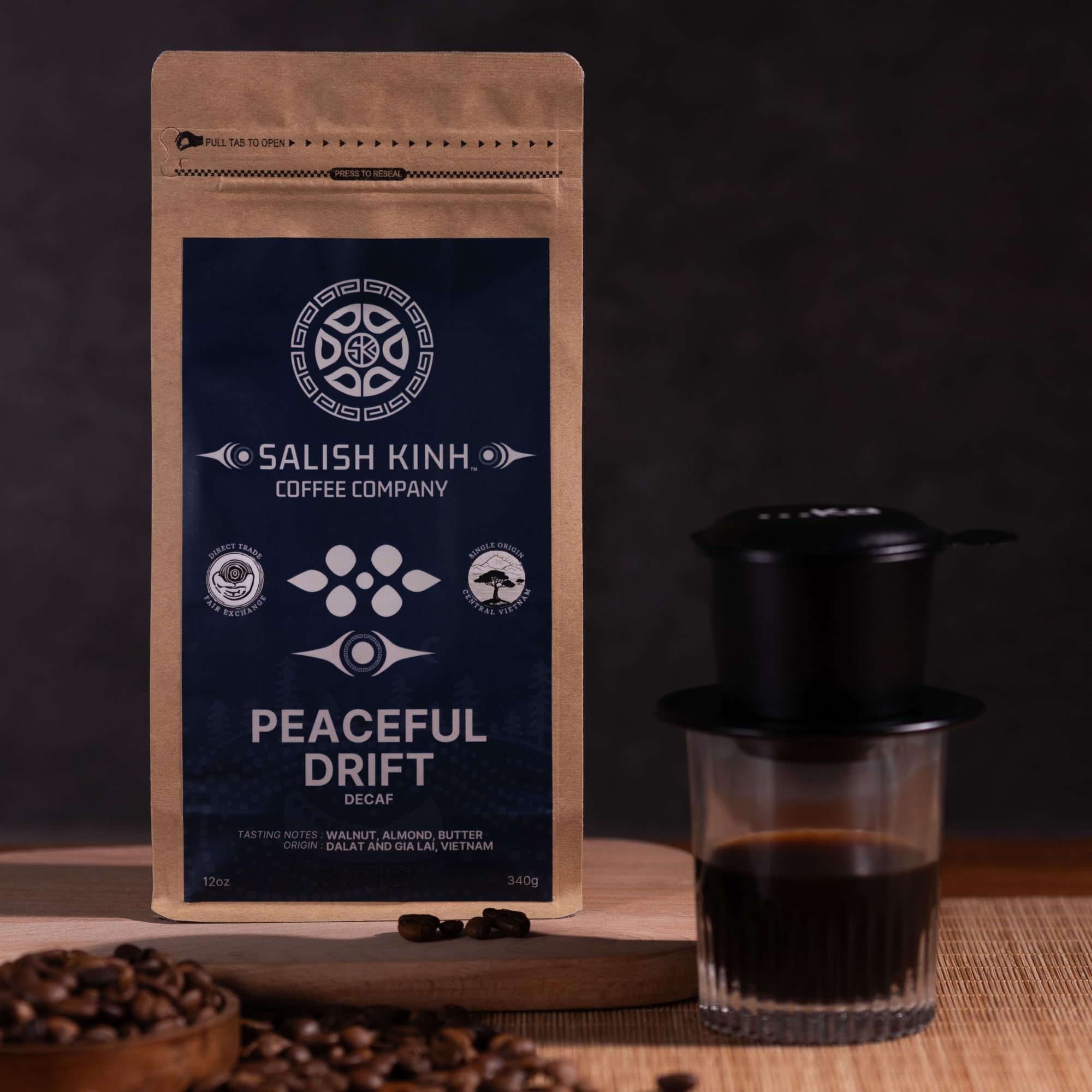 SALISH KINH Whole Bean Coffee | Peaceful Drift Decaf | 12 oz Bag | 100% Robusta | Specialty Grade Decaf | Bold Flavor | Single Origin | Direct Trade |